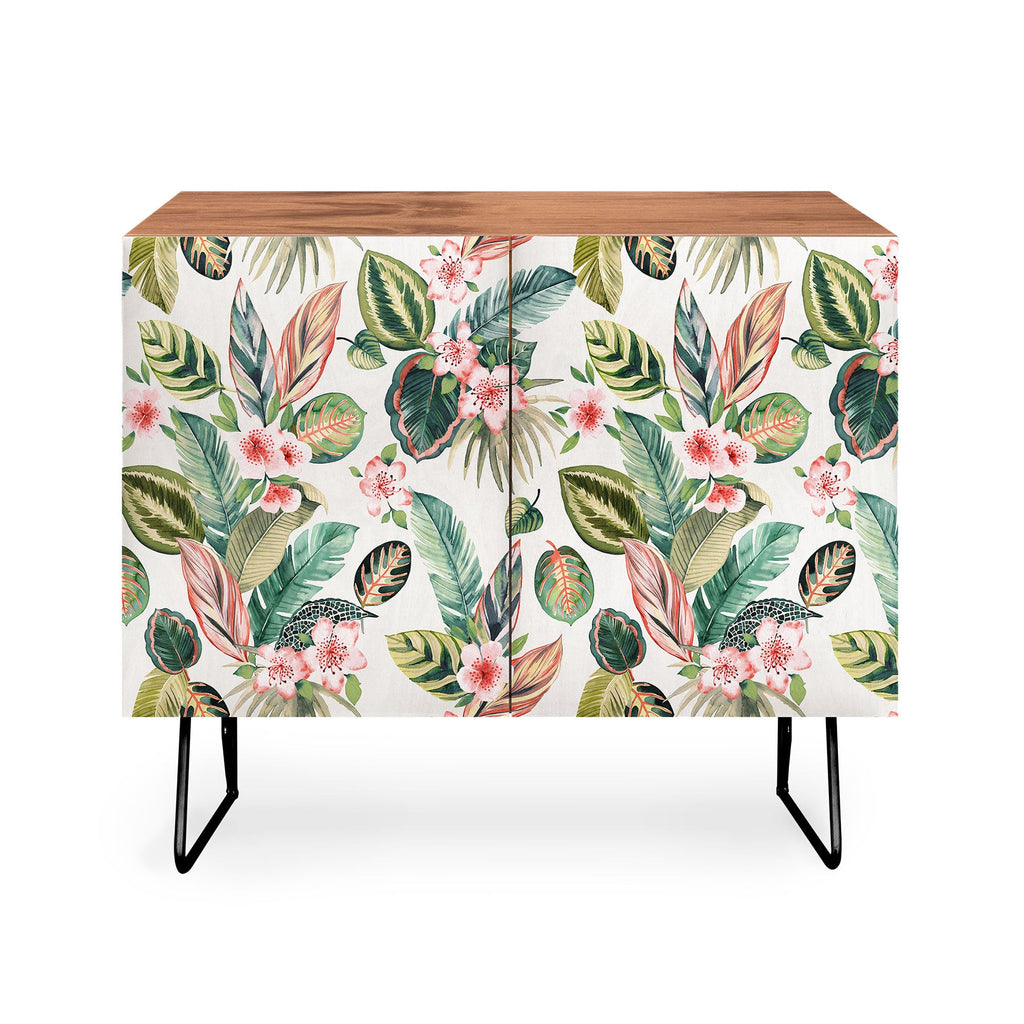 Ninola Design Botanic Retreat Tropical Leaves Flowers Pink Green Credenza