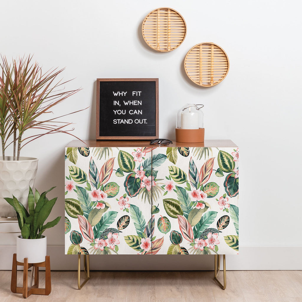 Ninola Design Botanic Retreat Tropical Leaves Flowers Pink Green Credenza