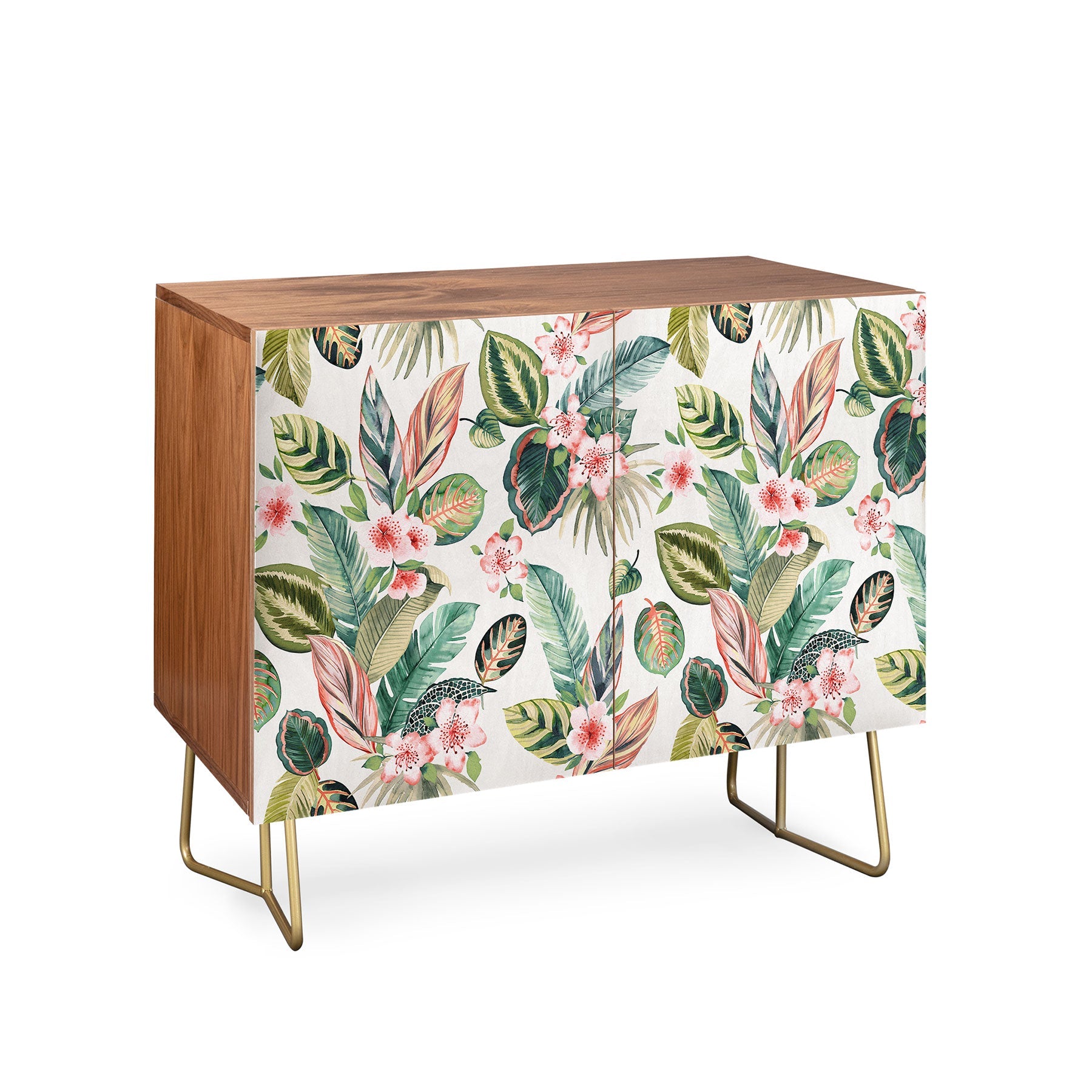 Ninola Design Botanic Retreat Tropical Leaves Flowers Pink Green Credenza
