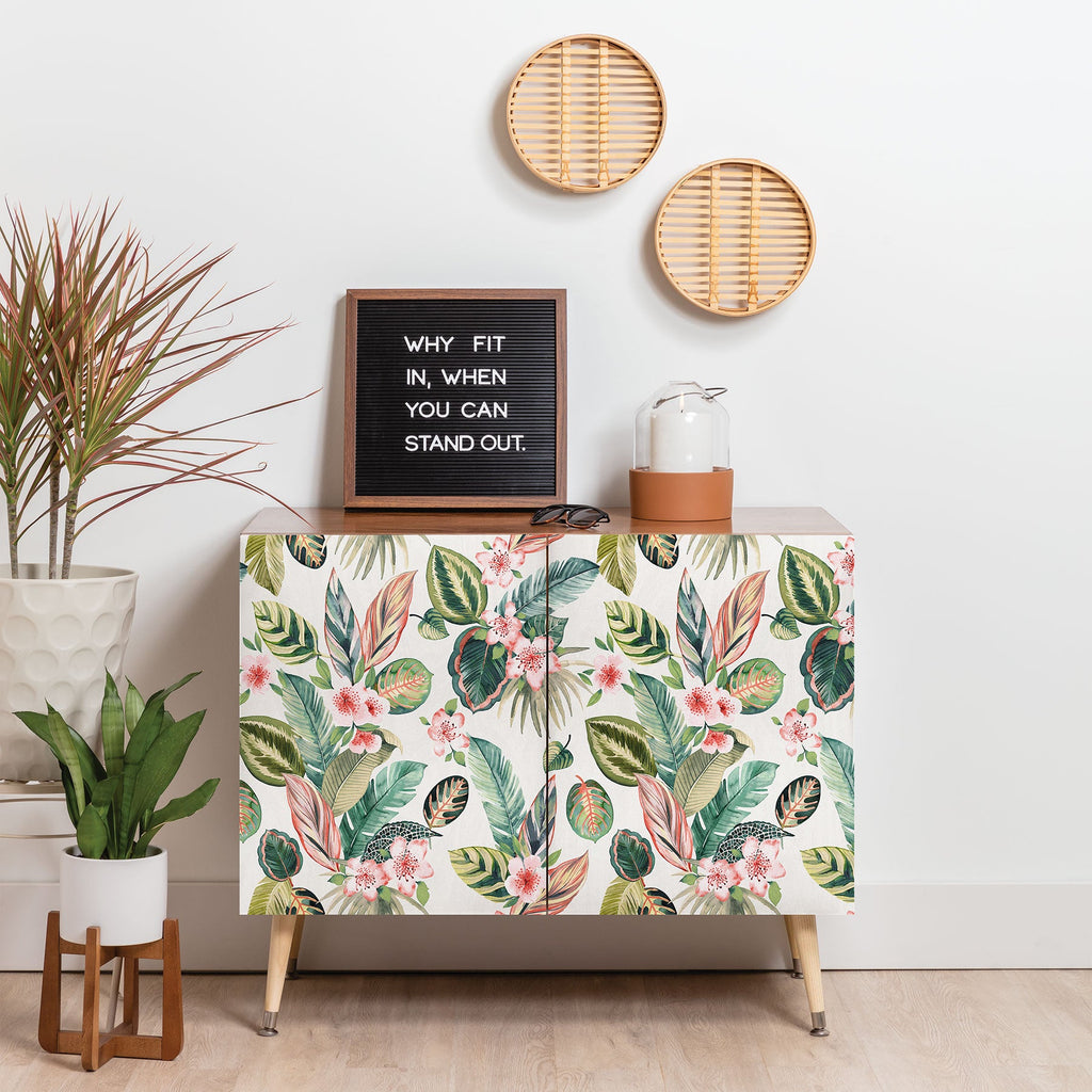 Ninola Design Botanic Retreat Tropical Leaves Flowers Pink Green Credenza
