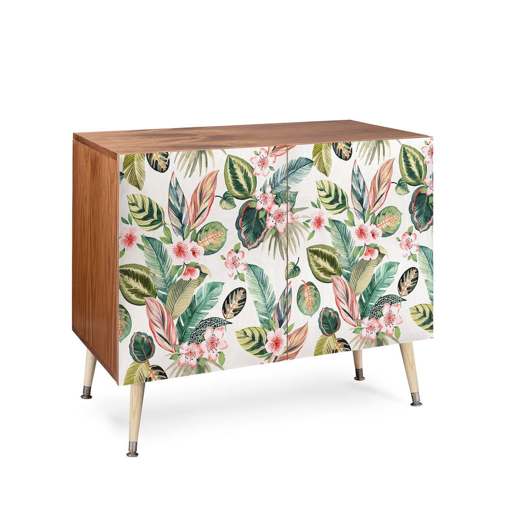 Ninola Design Botanic Retreat Tropical Leaves Flowers Pink Green Credenza