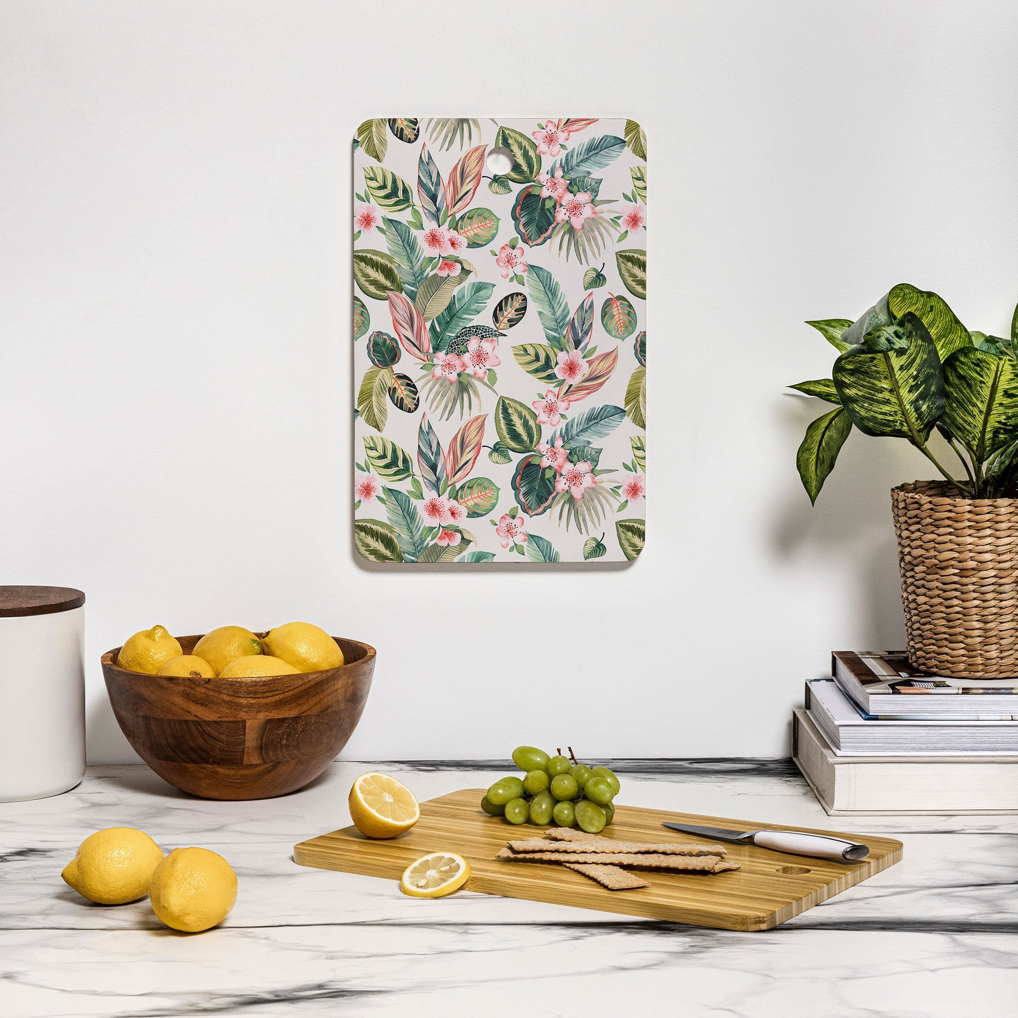 Ninola Design Botanic Retreat Tropical Leaves Flowers Pink Green Cutting Board Rectangle