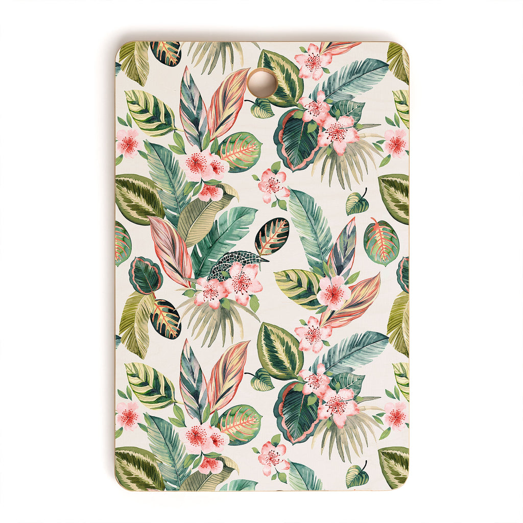 Ninola Design Botanic Retreat Tropical Leaves Flowers Pink Green Cutting Board Rectangle