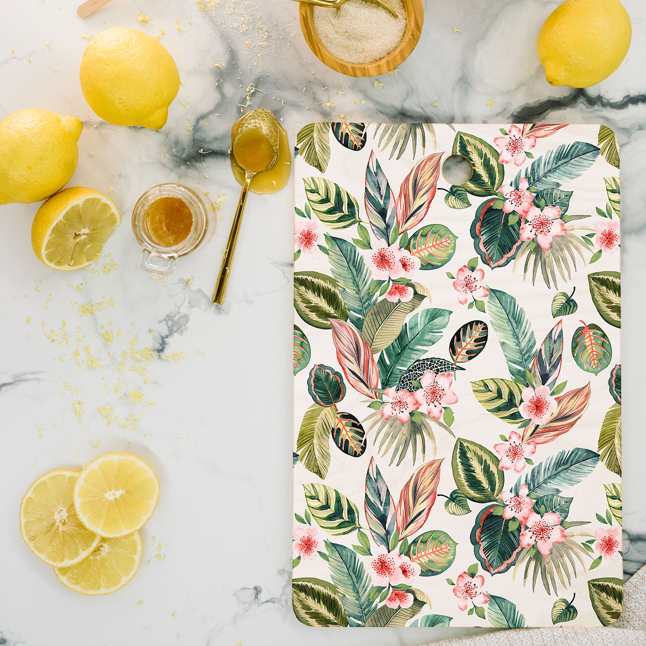 Ninola Design Botanic Retreat Tropical Leaves Flowers Pink Green Cutting Board Rectangle