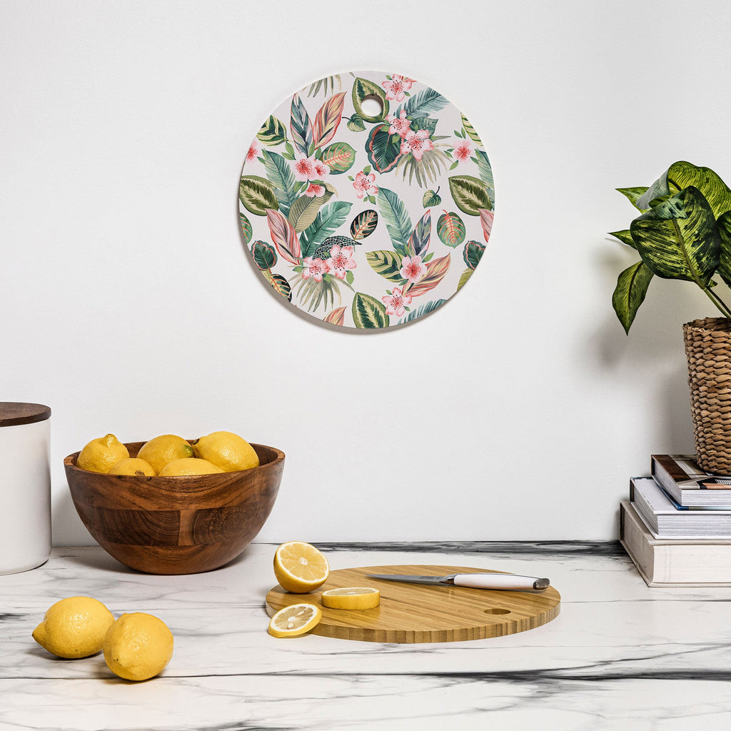 Ninola Design Botanic Retreat Tropical Leaves Flowers Pink Green Cutting Board Round