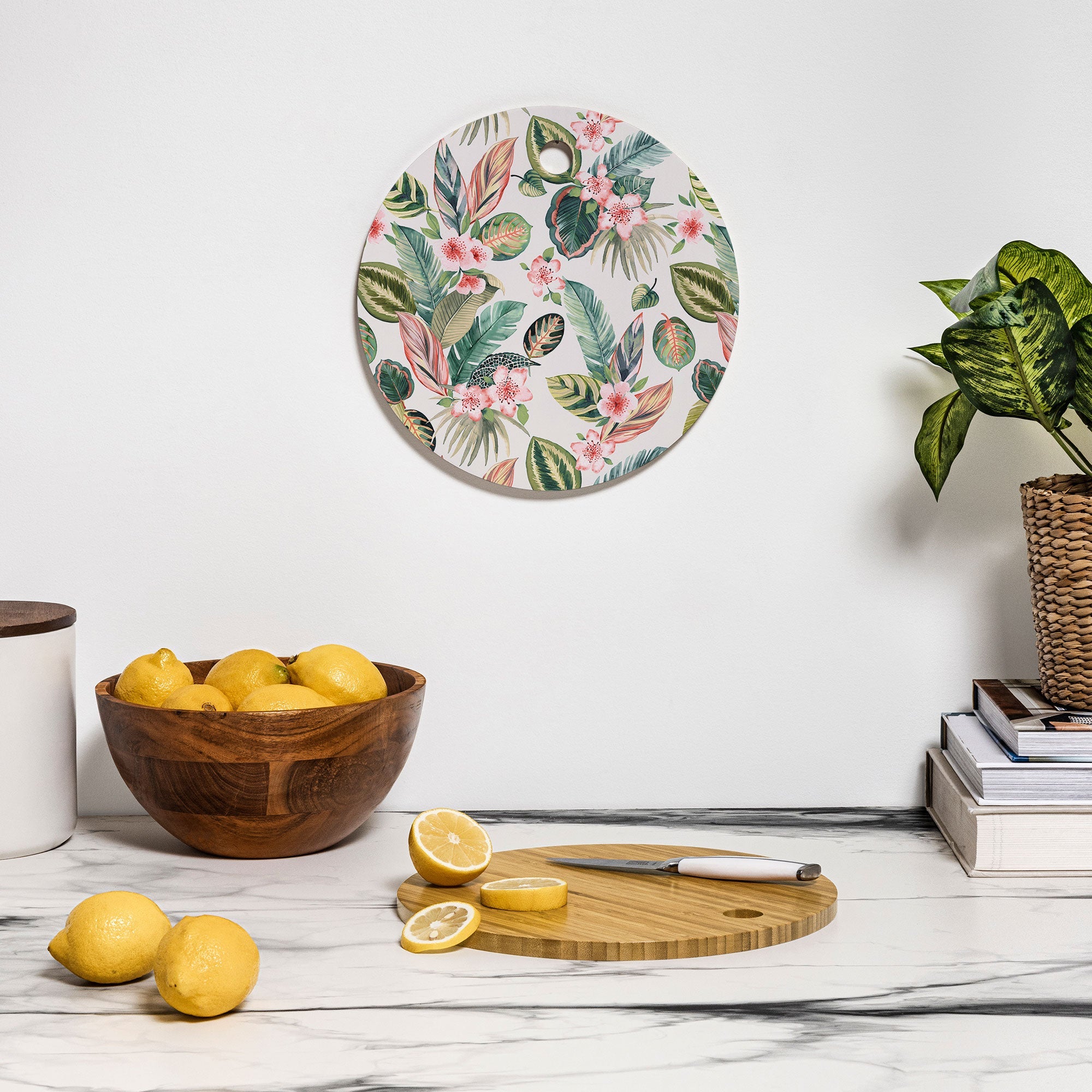 Ninola Design Botanic Retreat Tropical Leaves Flowers Pink Green Cutting Board Round