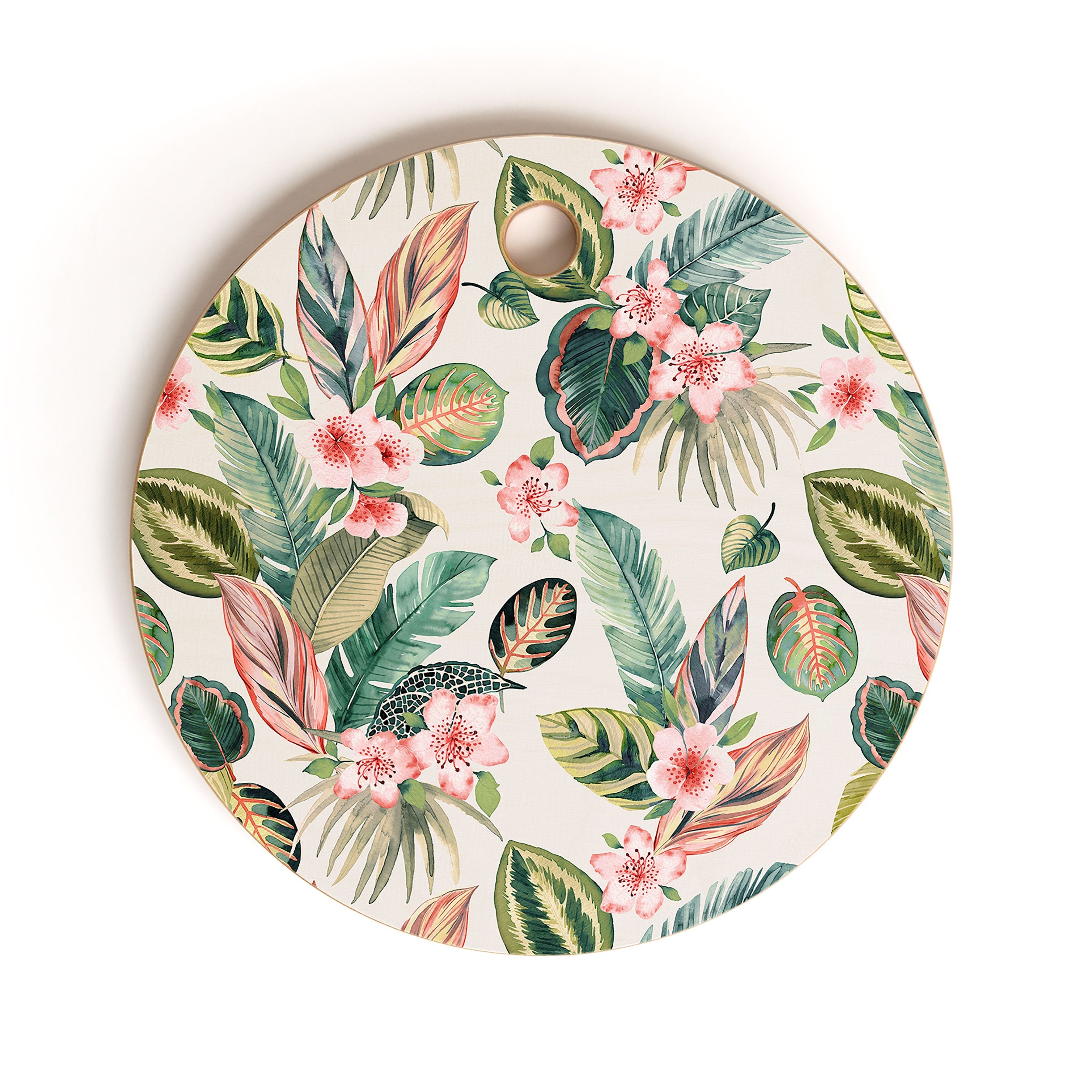 Ninola Design Botanic Retreat Tropical Leaves Flowers Pink Green Cutting Board Round
