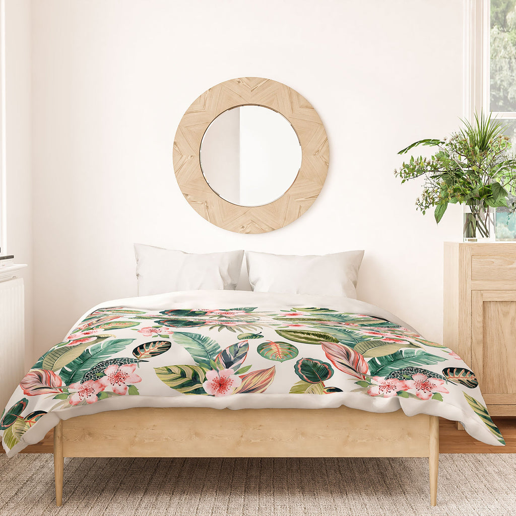Ninola Design Botanic Retreat Tropical Leaves Flowers Pink Green Duvet Cover