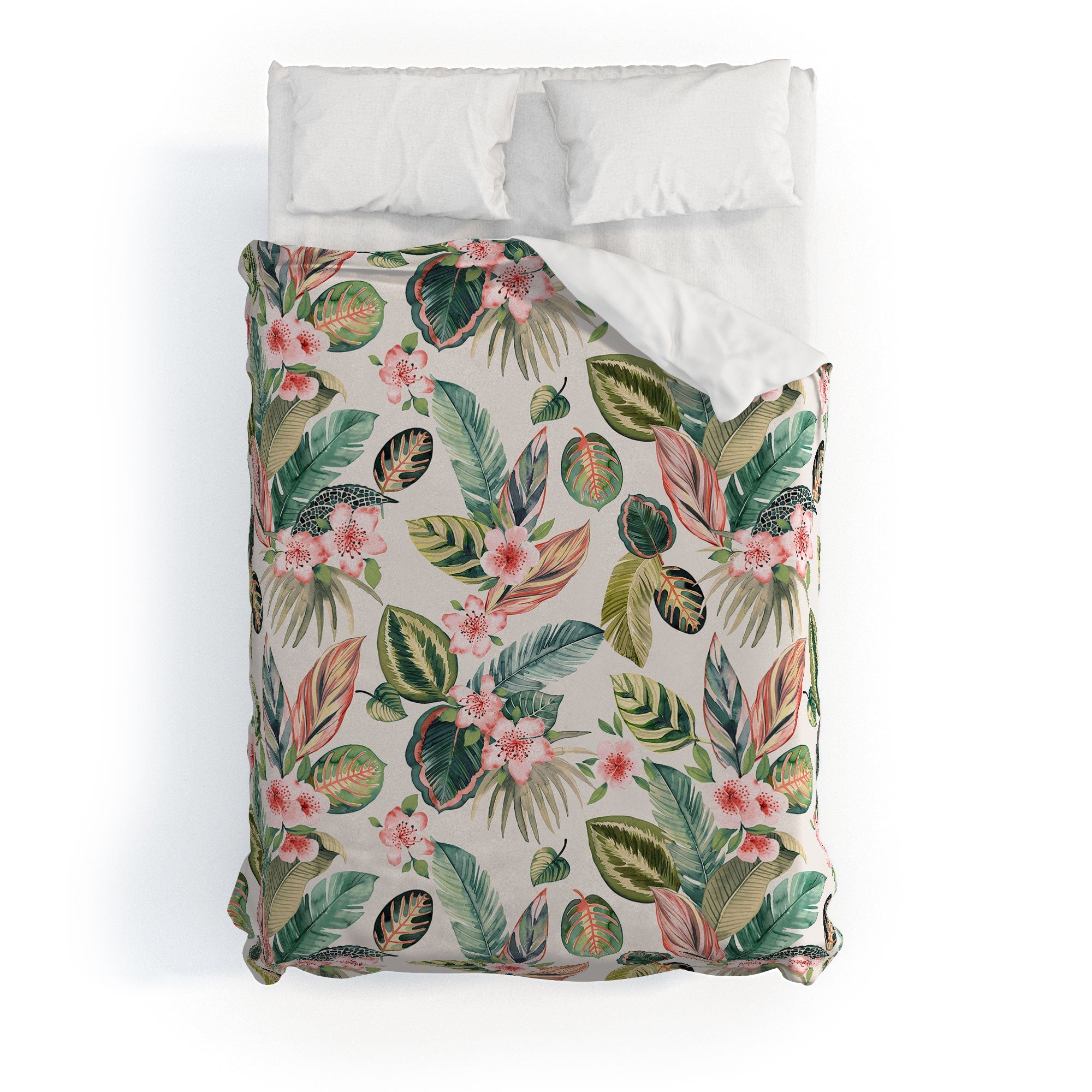 Ninola Design Botanic Retreat Tropical Leaves Flowers Pink Green Duvet Cover