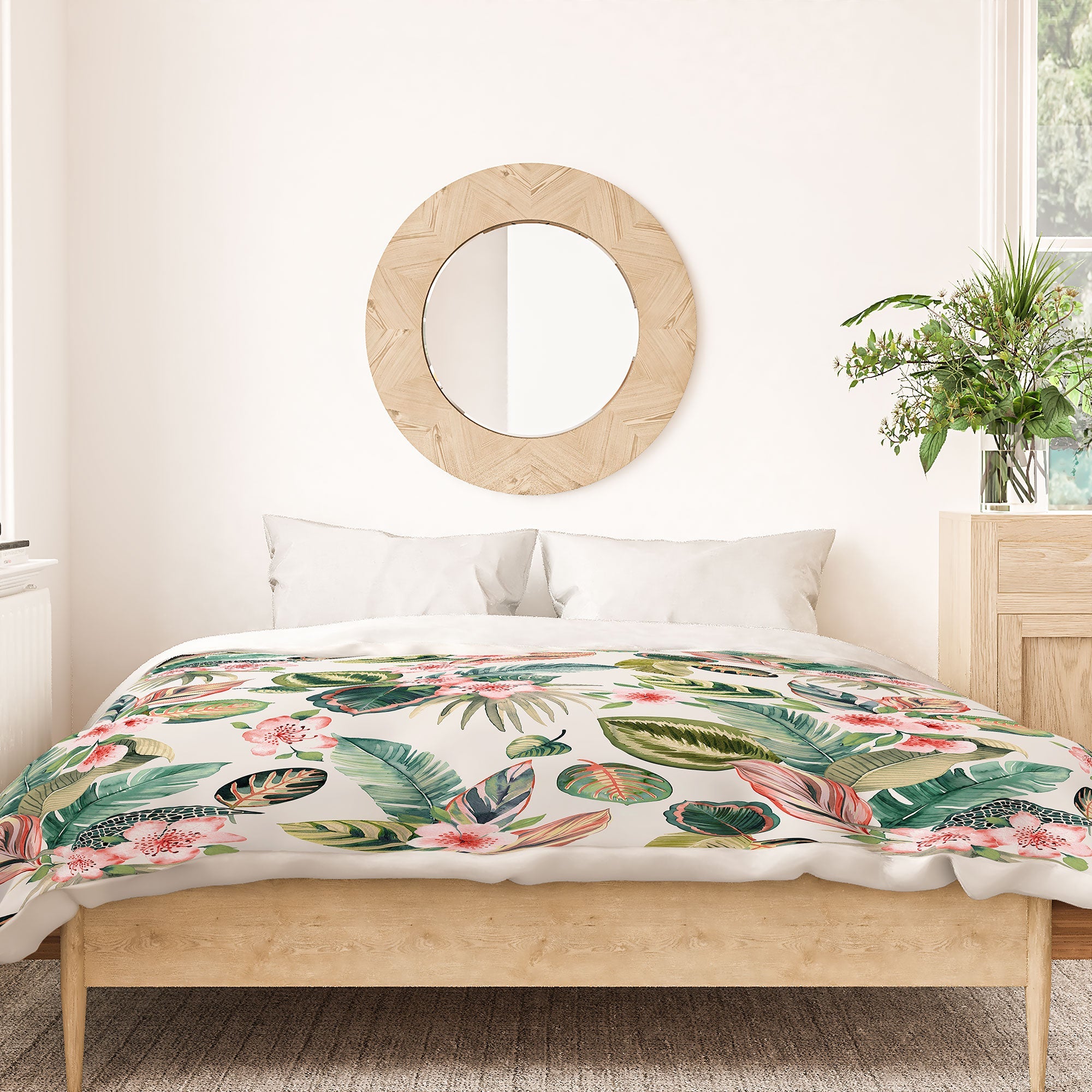 Ninola Design Botanic Retreat Tropical Leaves Flowers Pink Green Duvet Cover