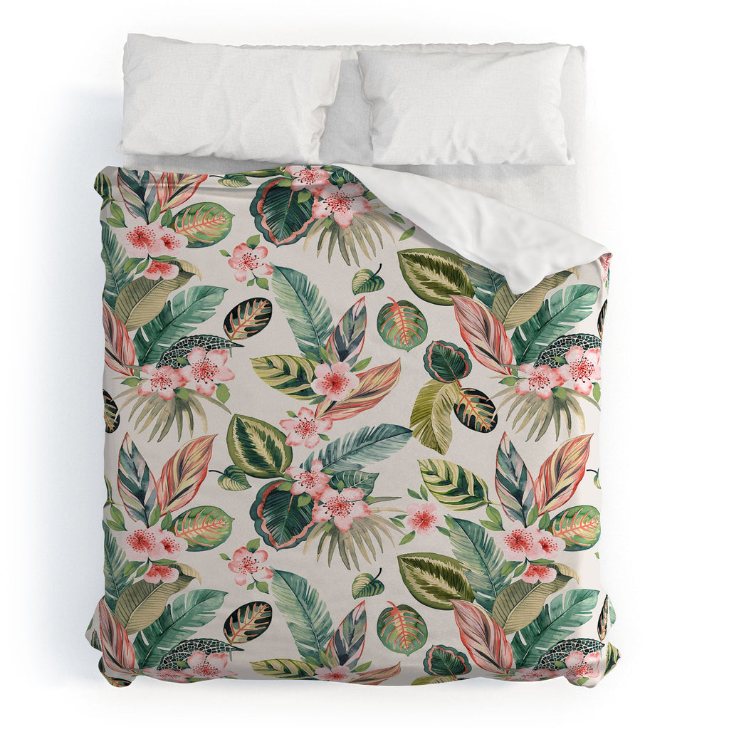 Ninola Design Botanic Retreat Tropical Leaves Flowers Pink Green Duvet Cover