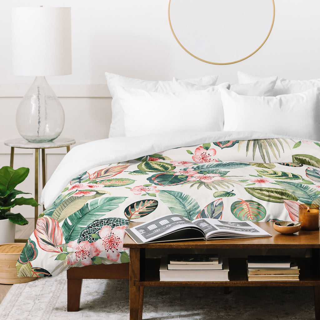 Ninola Design Botanic Retreat Tropical Leaves Flowers Pink Green Duvet Cover