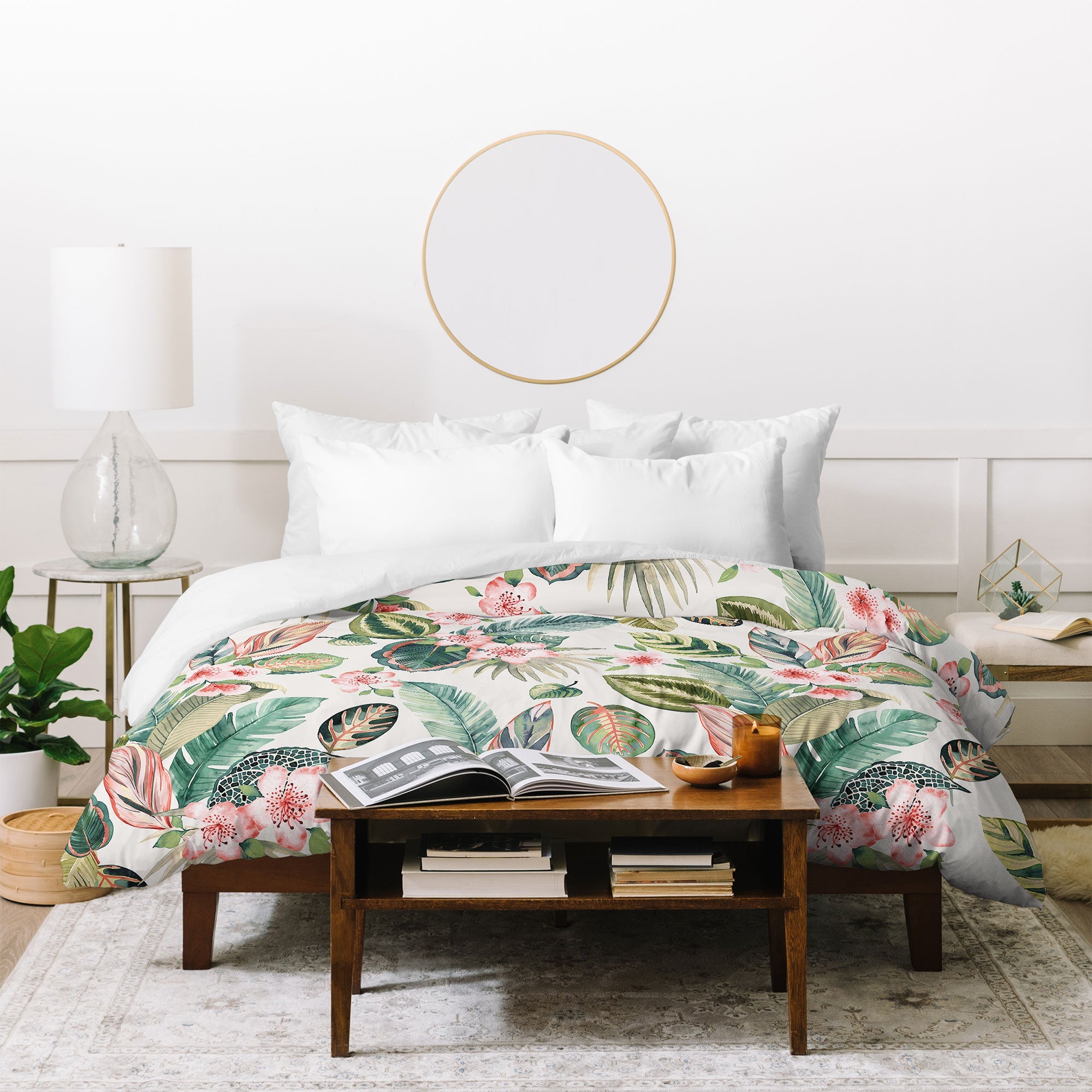 Ninola Design Botanic Retreat Tropical Leaves Flowers Pink Green Duvet Cover