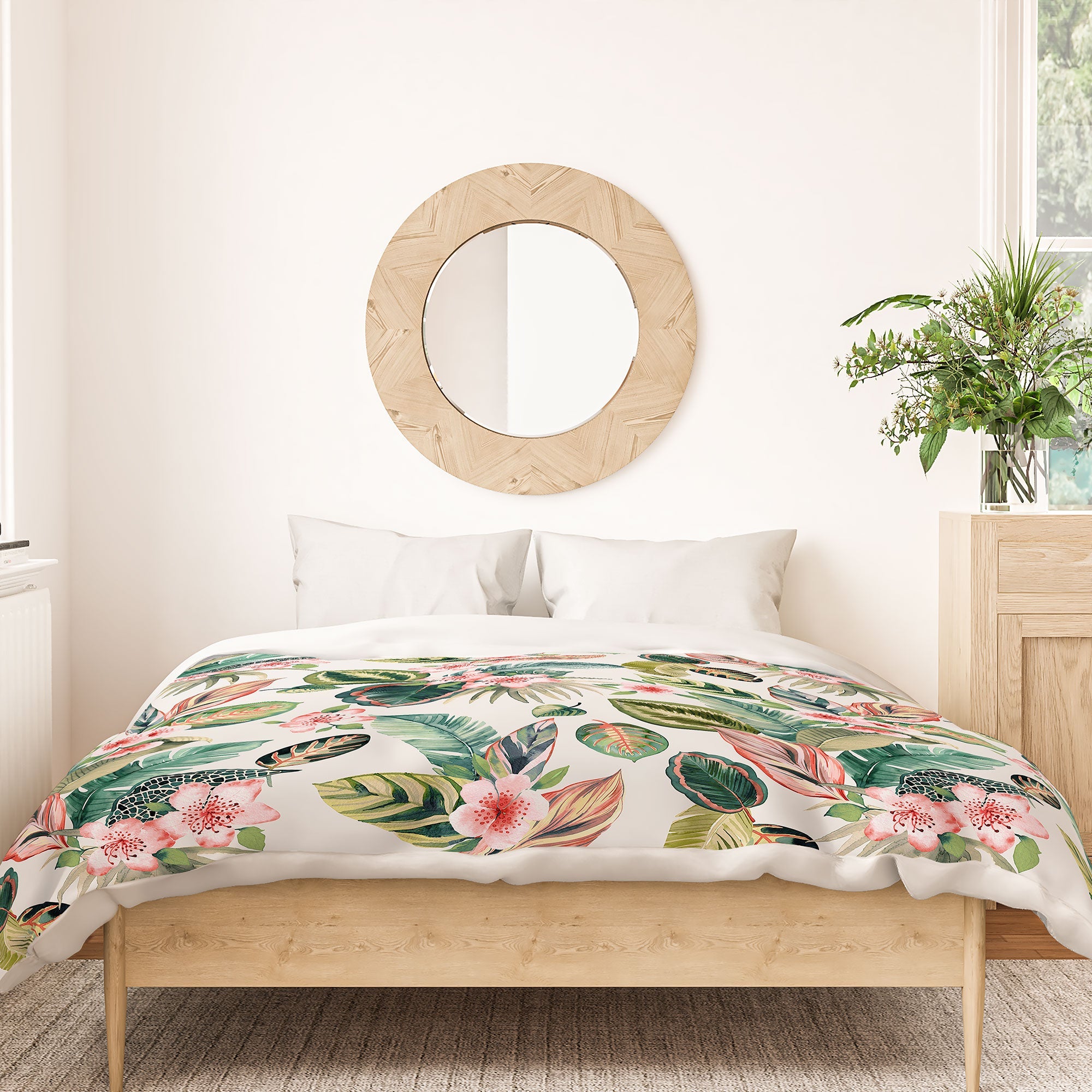 Ninola Design Botanic Retreat Tropical Leaves Flowers Pink Green Duvet Cover