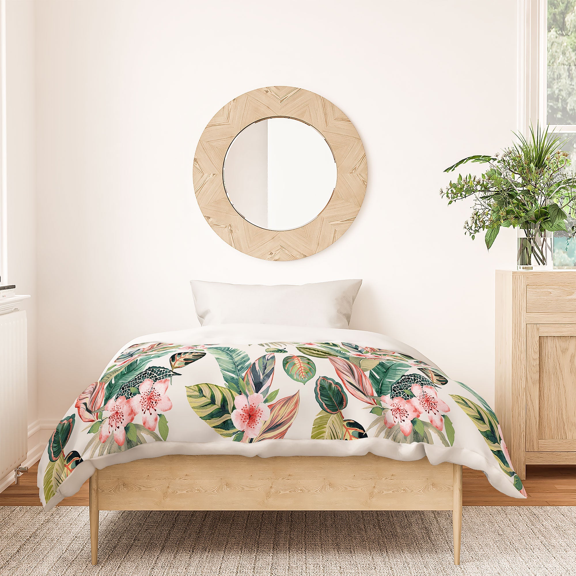 Ninola Design Botanic Retreat Tropical Leaves Flowers Pink Green Duvet Cover