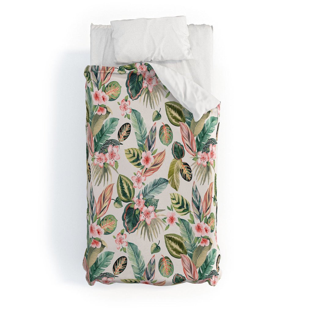 Ninola Design Botanic Retreat Tropical Leaves Flowers Pink Green Duvet Cover