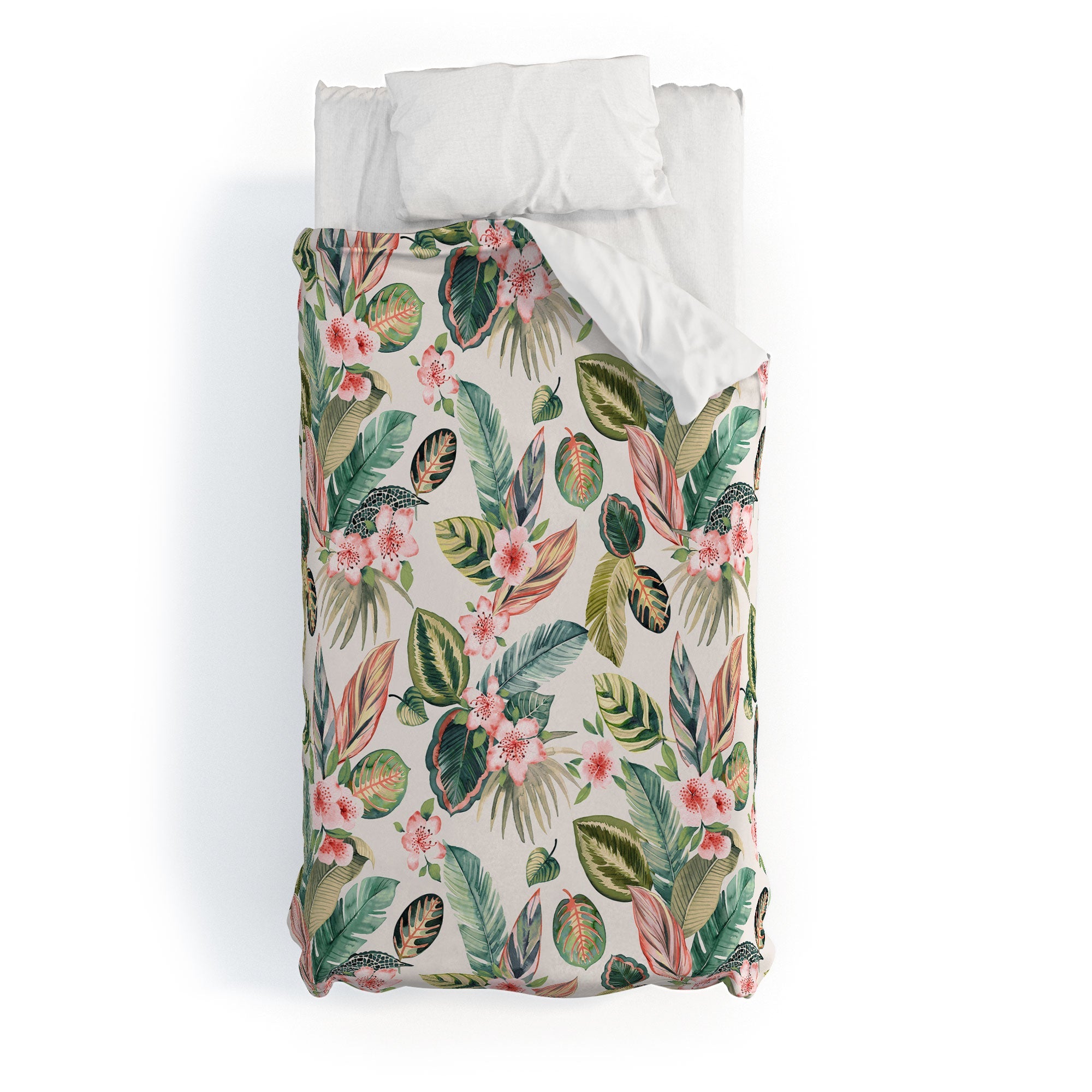 Ninola Design Botanic Retreat Tropical Leaves Flowers Pink Green Duvet Cover