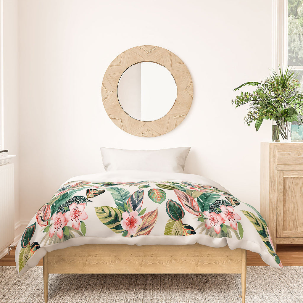 Ninola Design Botanic Retreat Tropical Leaves Flowers Pink Green Duvet Cover
