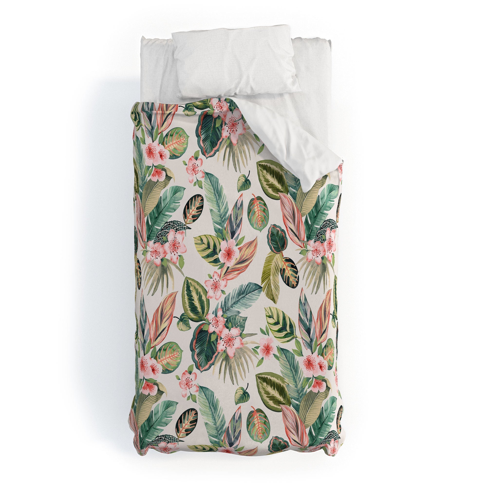Ninola Design Botanic Retreat Tropical Leaves Flowers Pink Green Duvet Cover