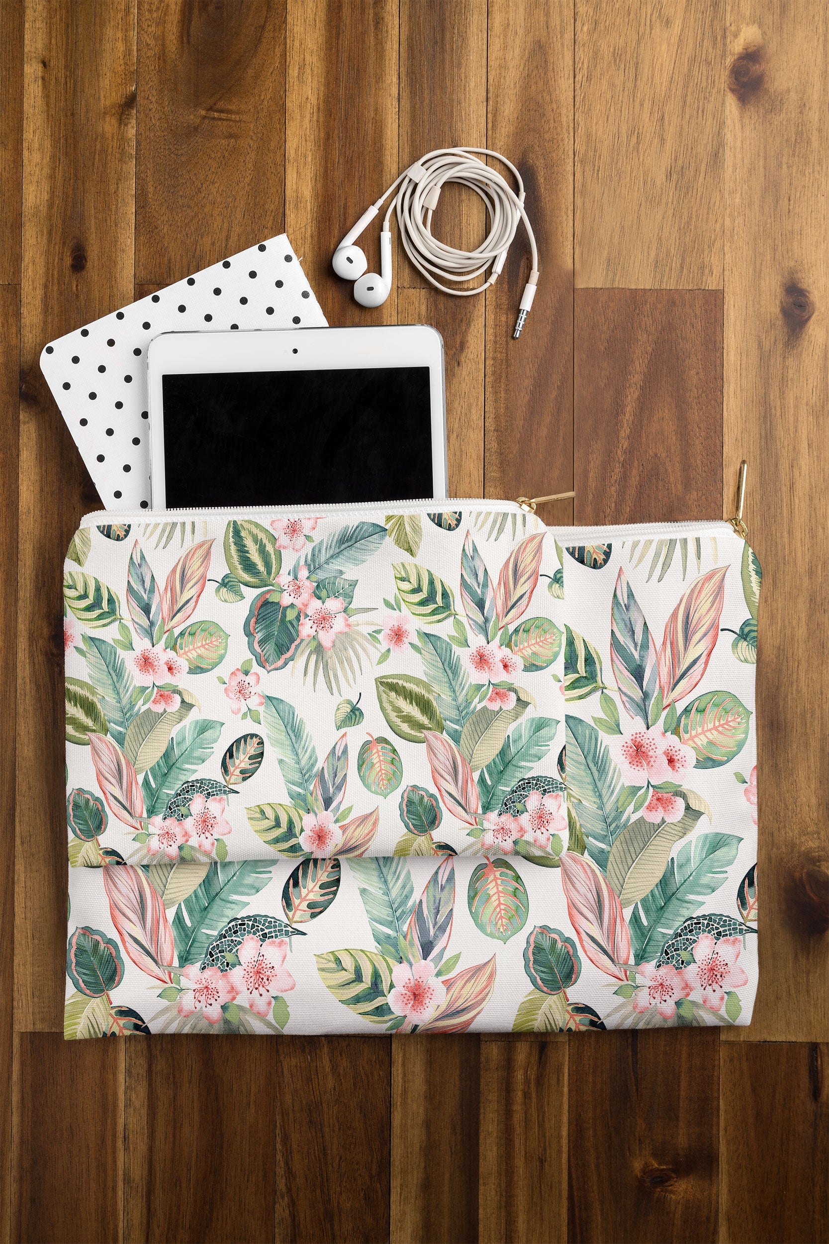 Ninola Design Botanic Retreat Tropical Leaves Flowers Pink Green Pouch