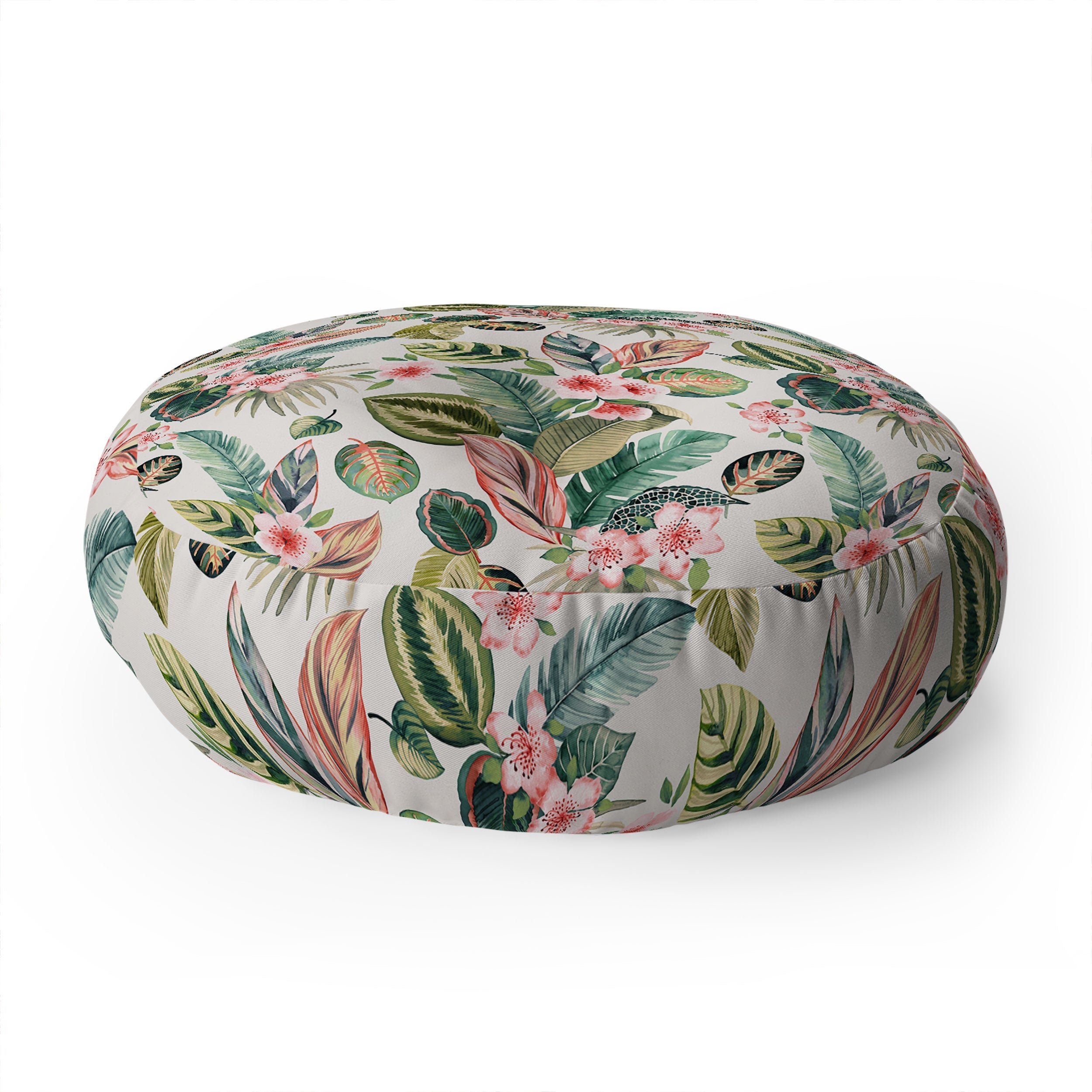Ninola Design Botanic Retreat Tropical Leaves Flowers Pink Green Floor Pillow Round