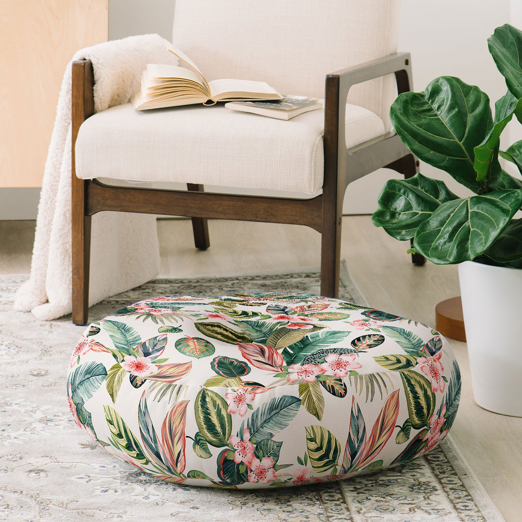 Ninola Design Botanic Retreat Tropical Leaves Flowers Pink Green Floor Pillow Round