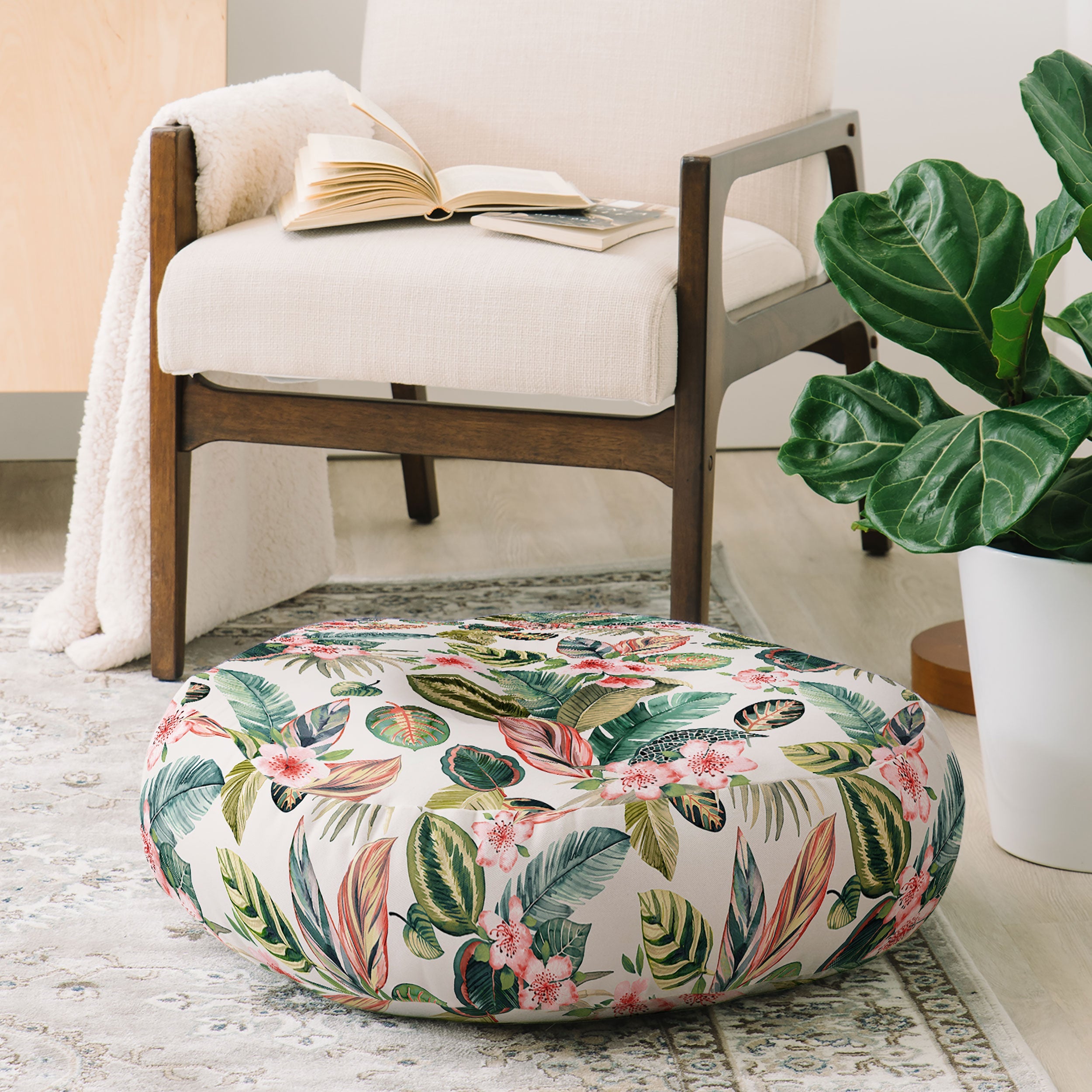 Ninola Design Botanic Retreat Tropical Leaves Flowers Pink Green Floor Pillow Round