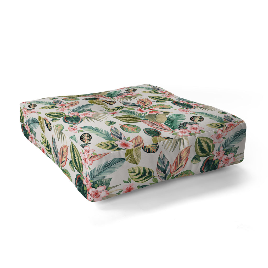 Ninola Design Botanic Retreat Tropical Leaves Flowers Pink Green Floor Pillow Square
