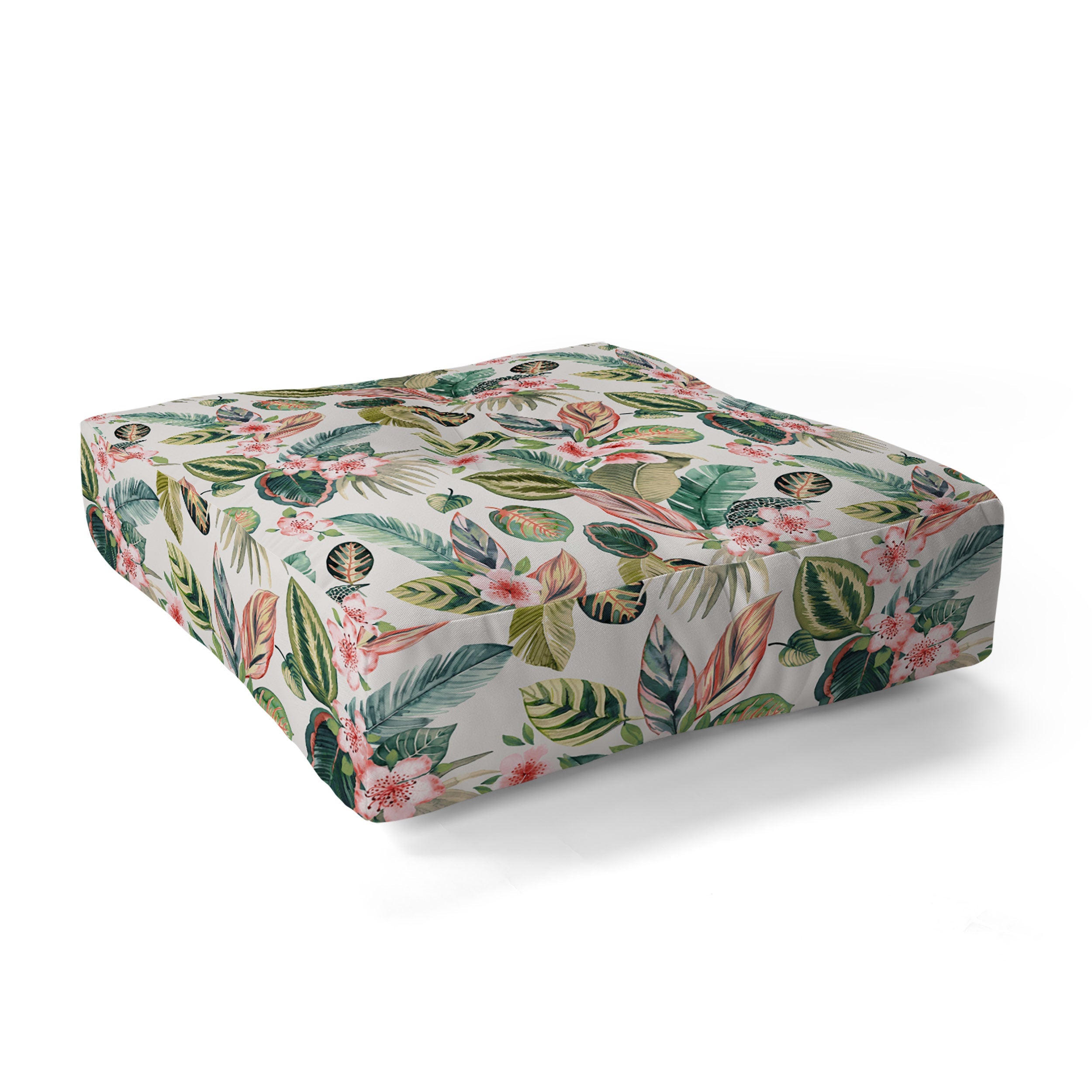 Ninola Design Botanic Retreat Tropical Leaves Flowers Pink Green Floor Pillow Square