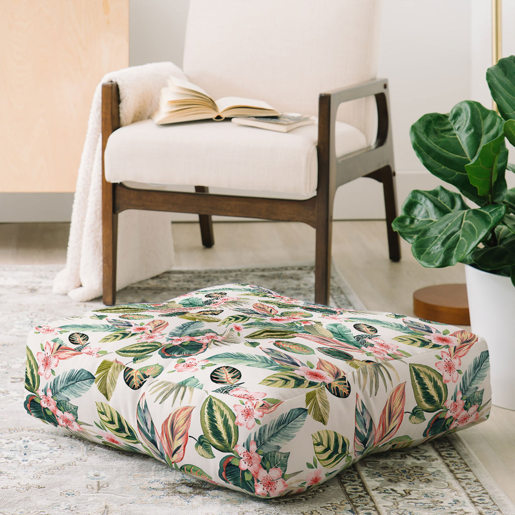 Ninola Design Botanic Retreat Tropical Leaves Flowers Pink Green Floor Pillow Square