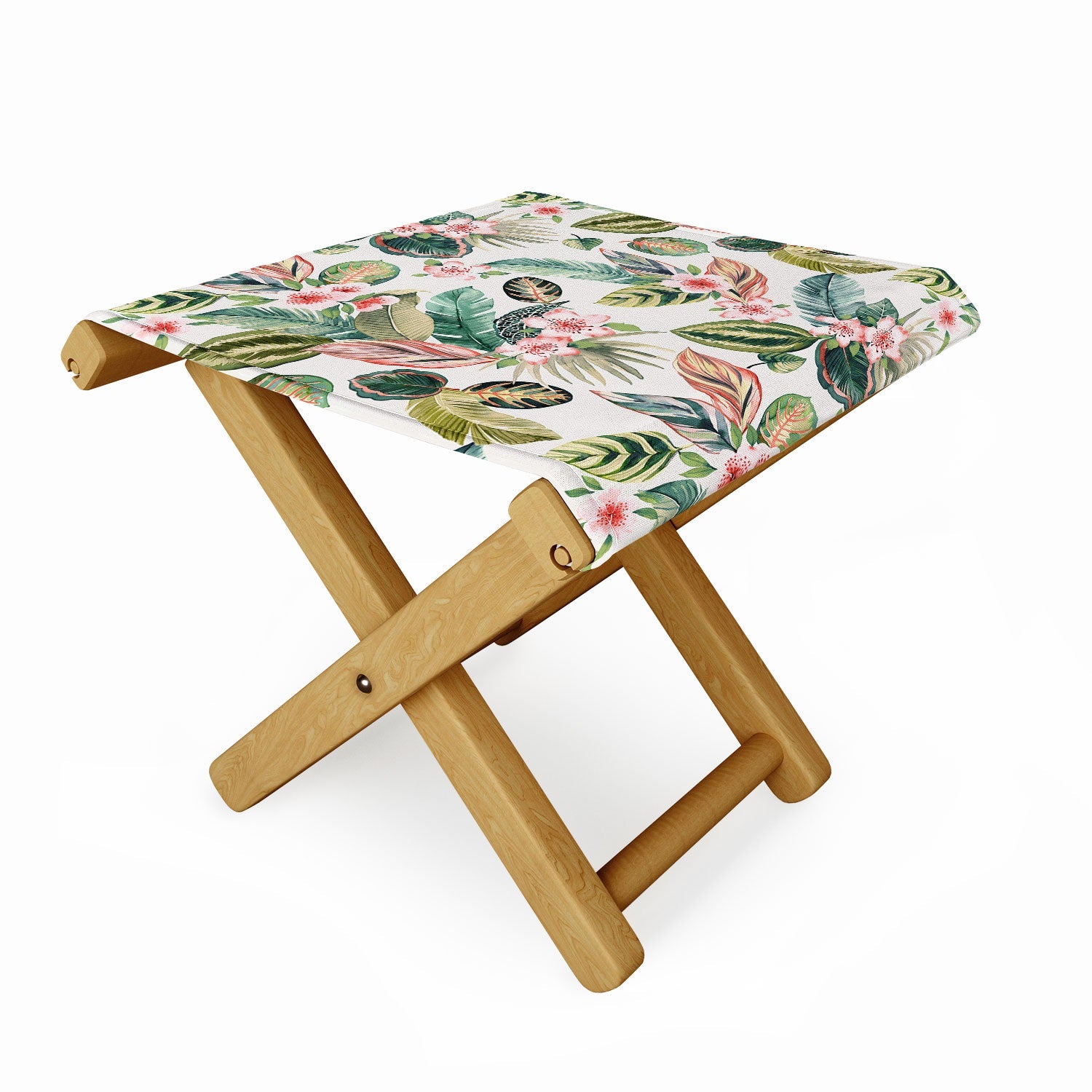Ninola Design Botanic Retreat Tropical Leaves Flowers Pink Green Folding Stool