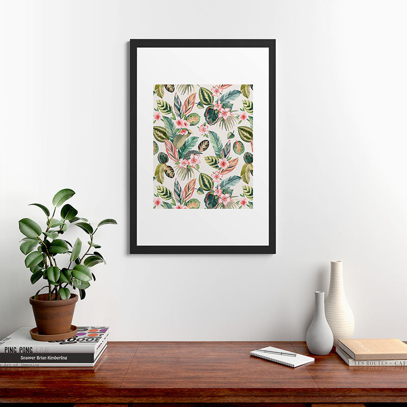 Ninola Design Botanic Retreat Tropical Leaves Flowers Pink Green Framed Art Print