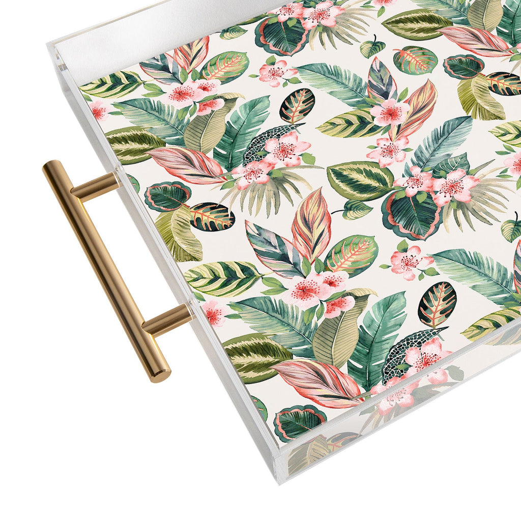 Ninola Design Botanic Retreat Tropical Leaves Flowers Pink Green Acrylic Tray