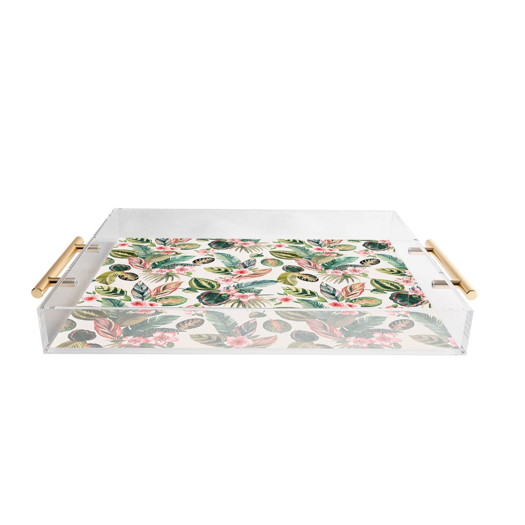 Ninola Design Botanic Retreat Tropical Leaves Flowers Pink Green Acrylic Tray