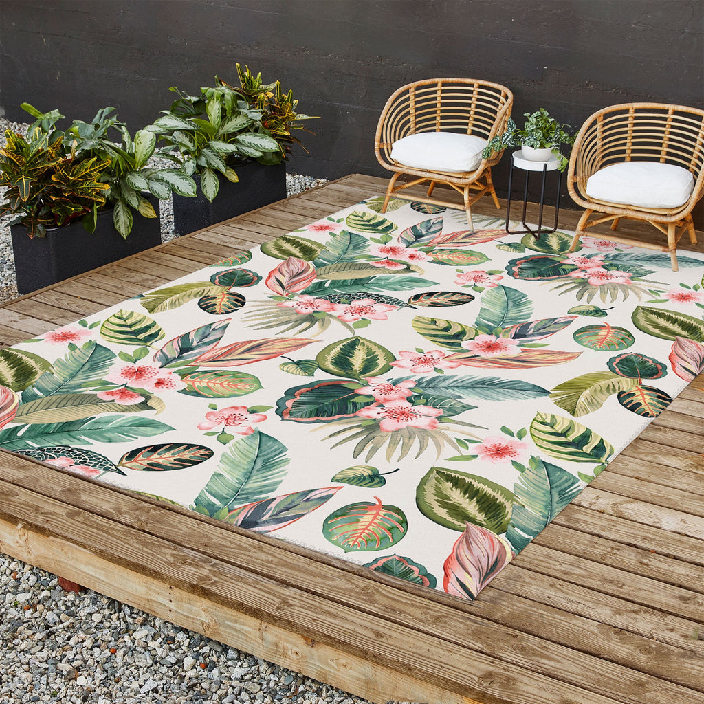 Ninola Design Botanic Retreat Tropical Leaves Flowers Pink Green Outdoor Rug