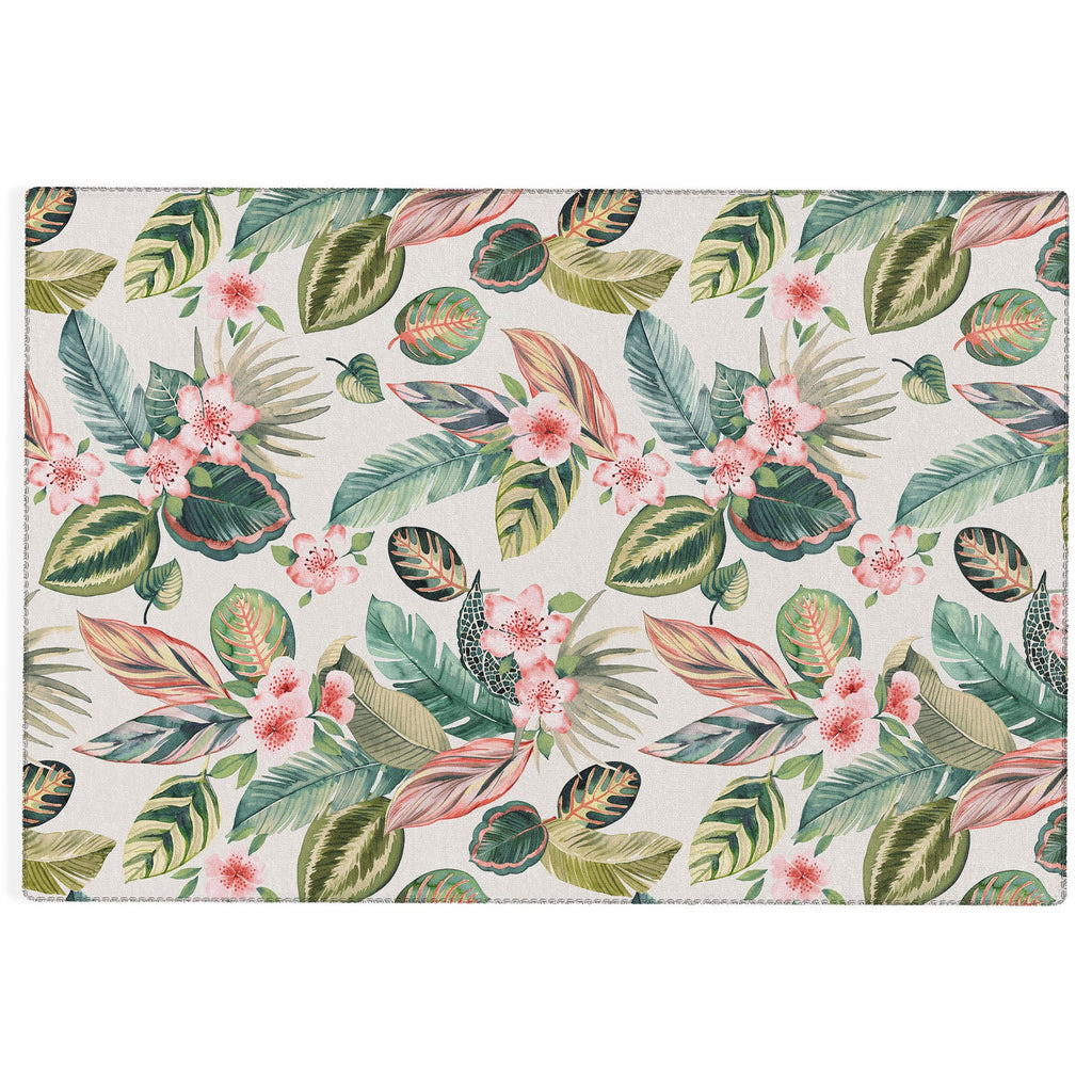 Ninola Design Botanic Retreat Tropical Leaves Flowers Pink Green Outdoor Rug