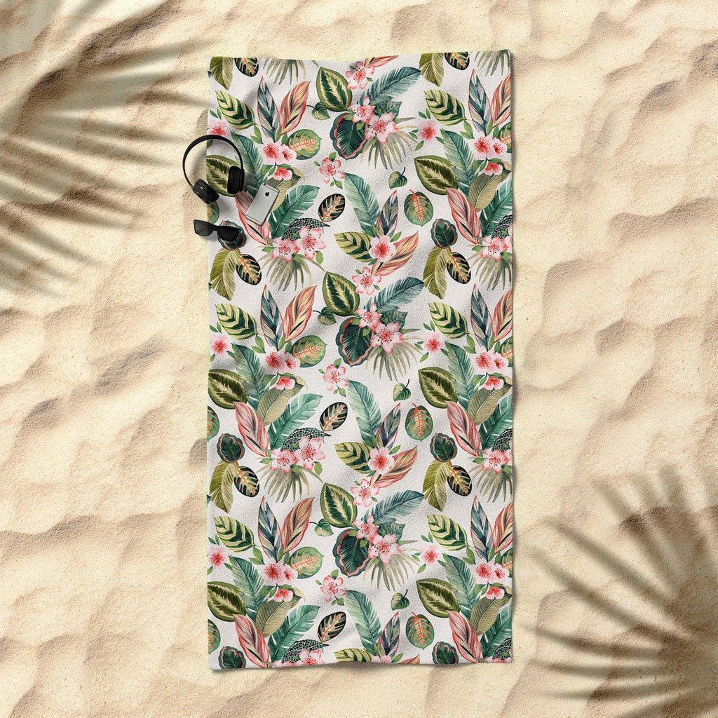 Ninola Design Botanic Retreat Tropical Leaves Flowers Pink Green Beach Towel
