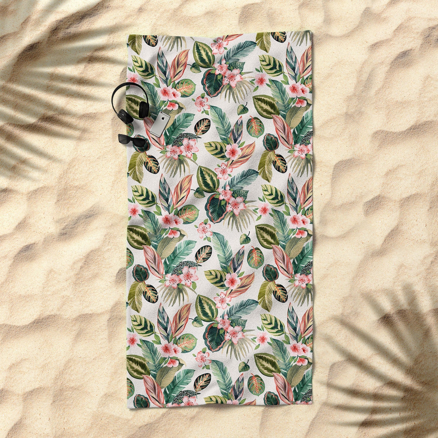 Ninola Design Botanic Retreat Tropical Leaves Flowers Pink Green Beach Towel