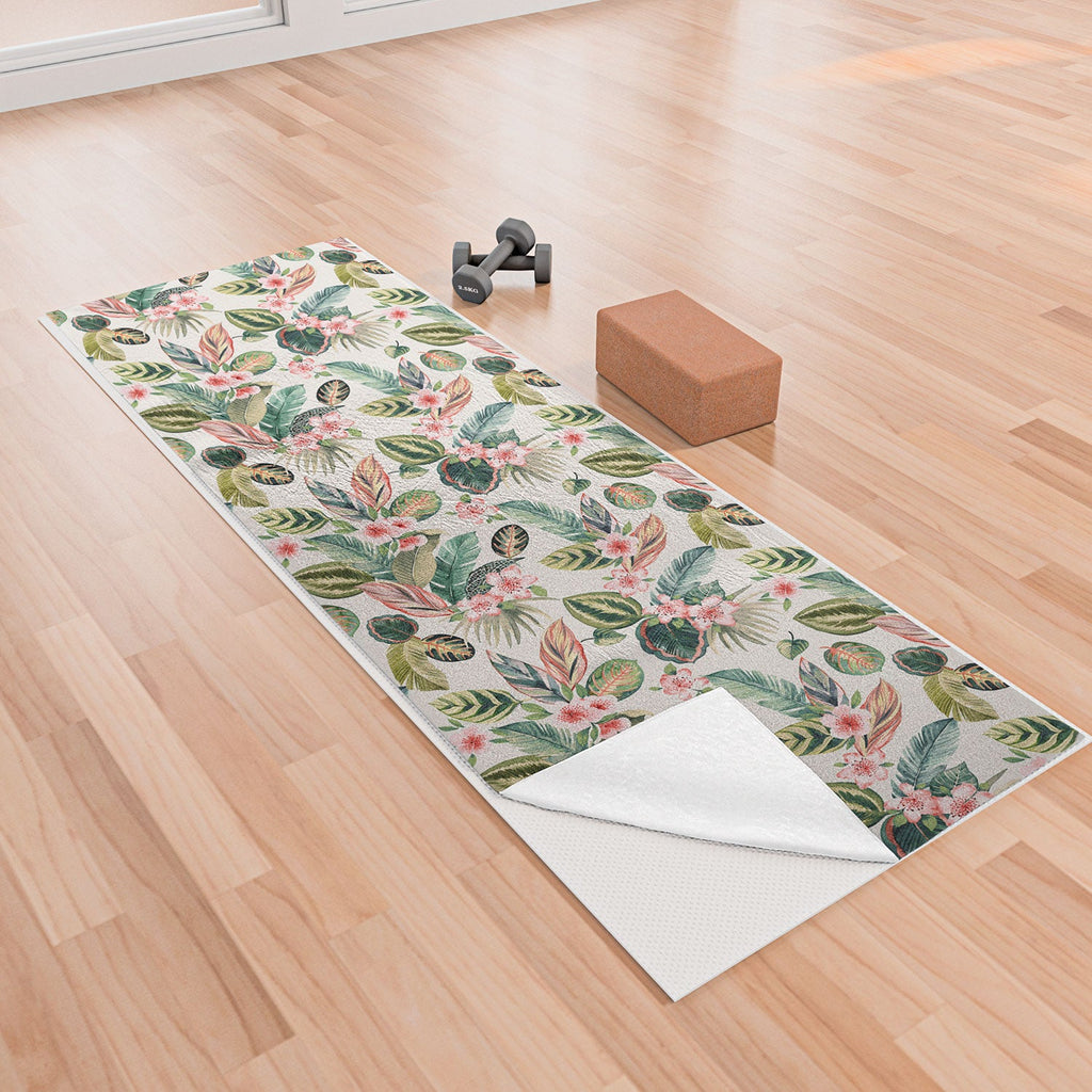 Ninola Design Botanic Retreat Tropical Leaves Flowers Pink Green Yoga Towel