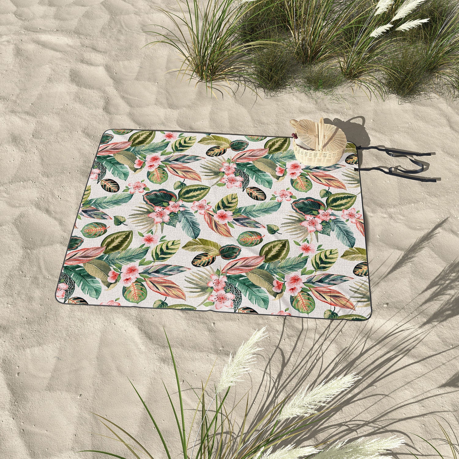 Ninola Design Botanic Retreat Tropical Leaves Flowers Pink Green Picnic Blanket