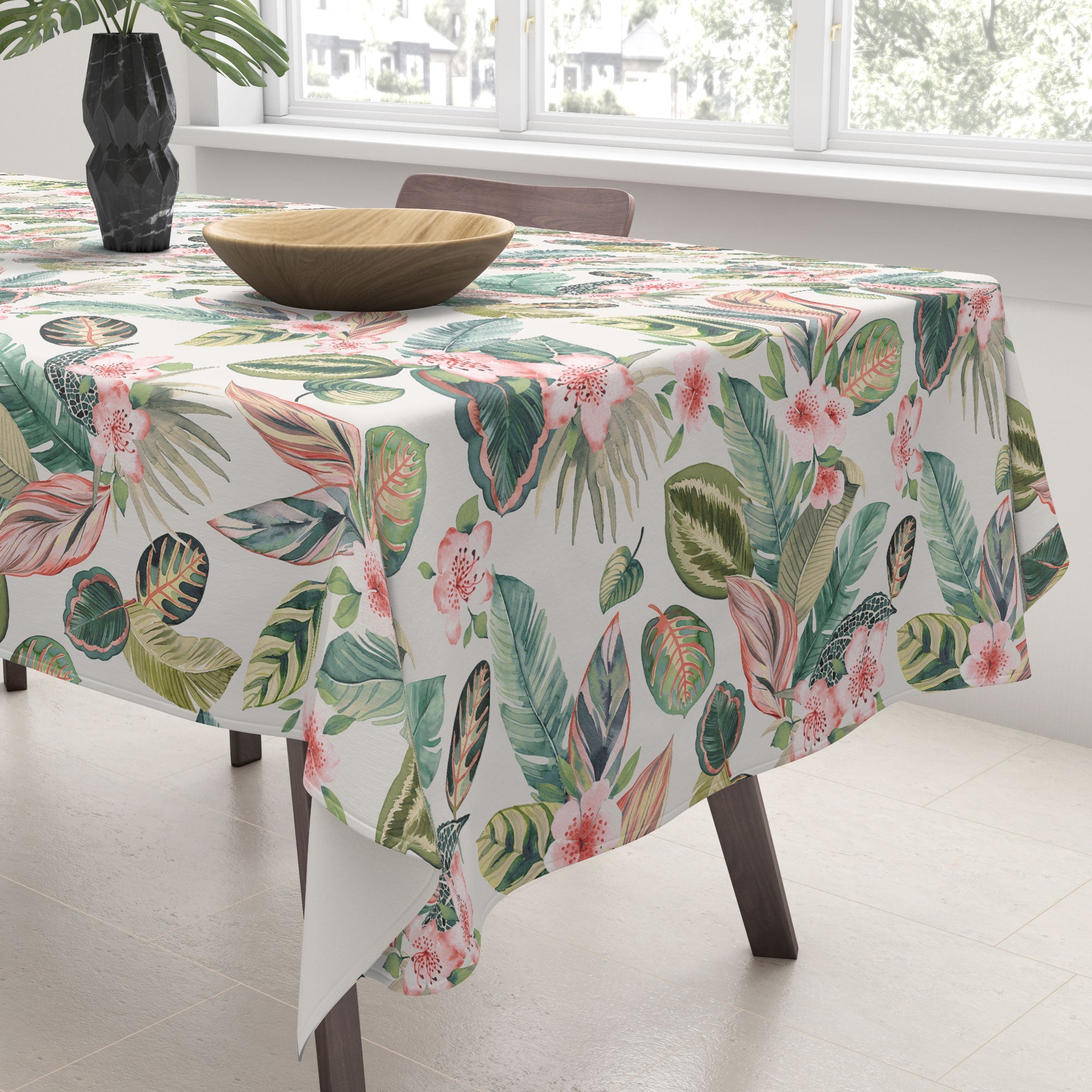 Ninola Design Botanic Retreat Tropical Leaves Flowers Pink Green Tablecloth