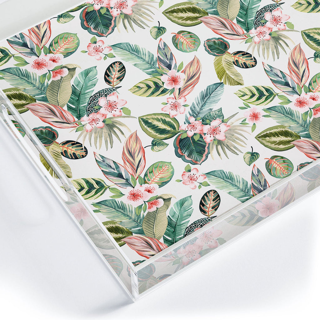 Ninola Design Botanic Retreat Tropical Leaves Flowers Pink Green Acrylic Tray
