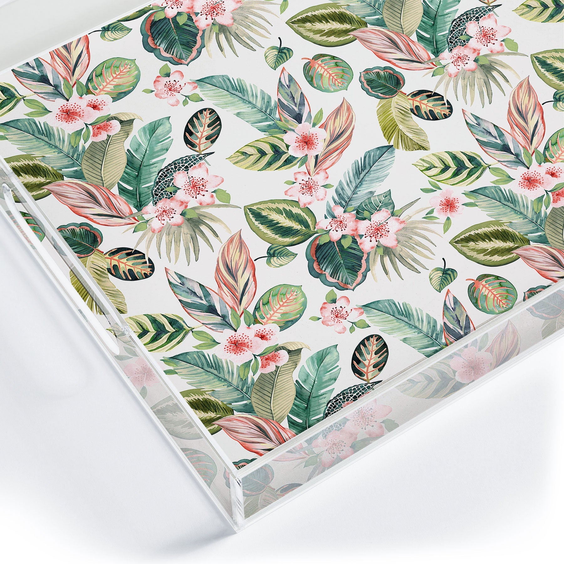 Ninola Design Botanic Retreat Tropical Leaves Flowers Pink Green Acrylic Tray