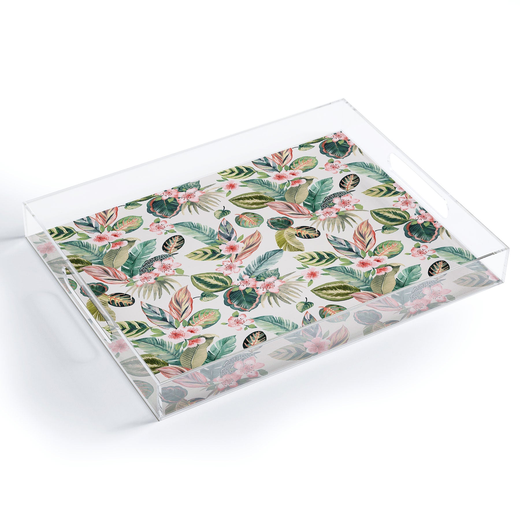 Ninola Design Botanic Retreat Tropical Leaves Flowers Pink Green Acrylic Tray