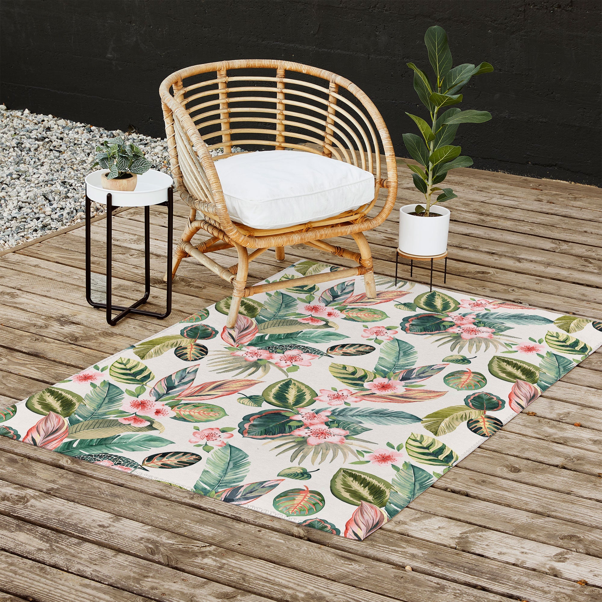 Ninola Design Botanic Retreat Tropical Leaves Flowers Pink Green Outdoor Rug