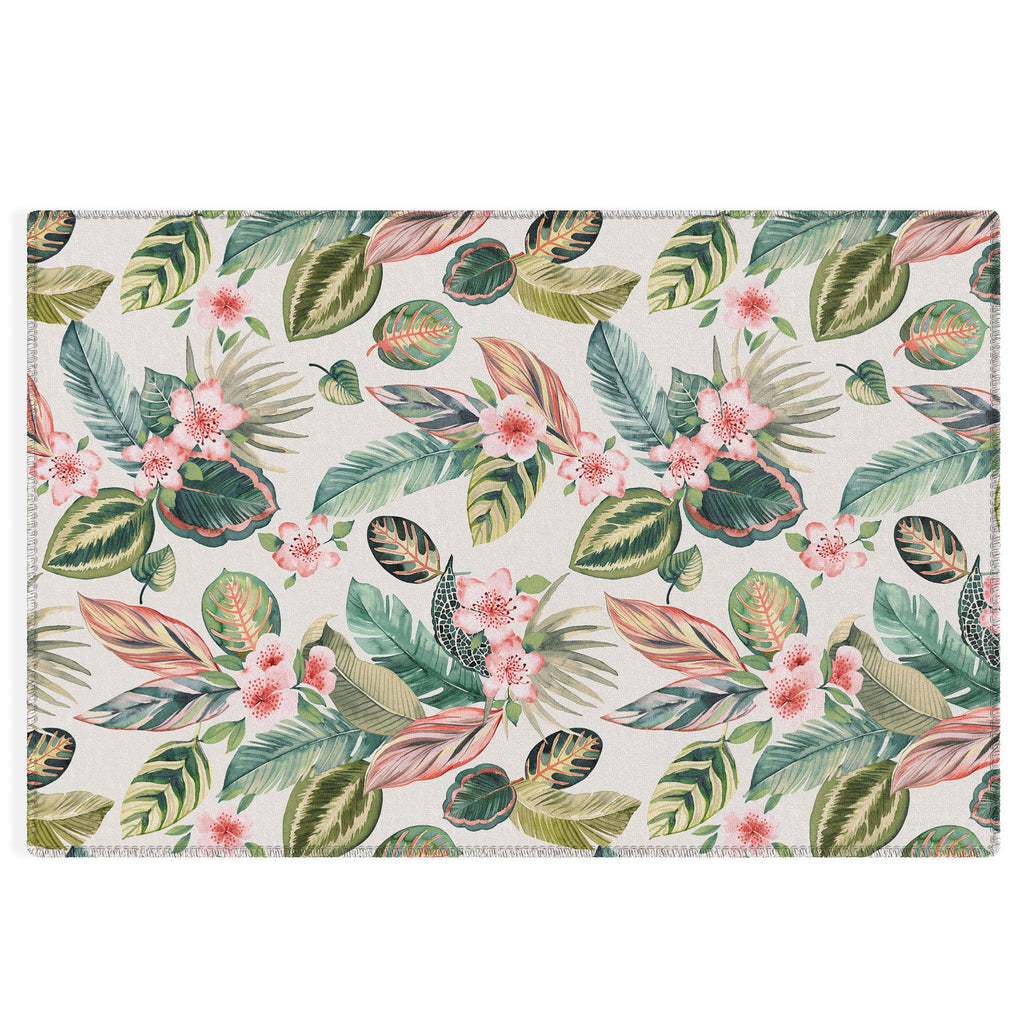 Ninola Design Botanic Retreat Tropical Leaves Flowers Pink Green Outdoor Rug