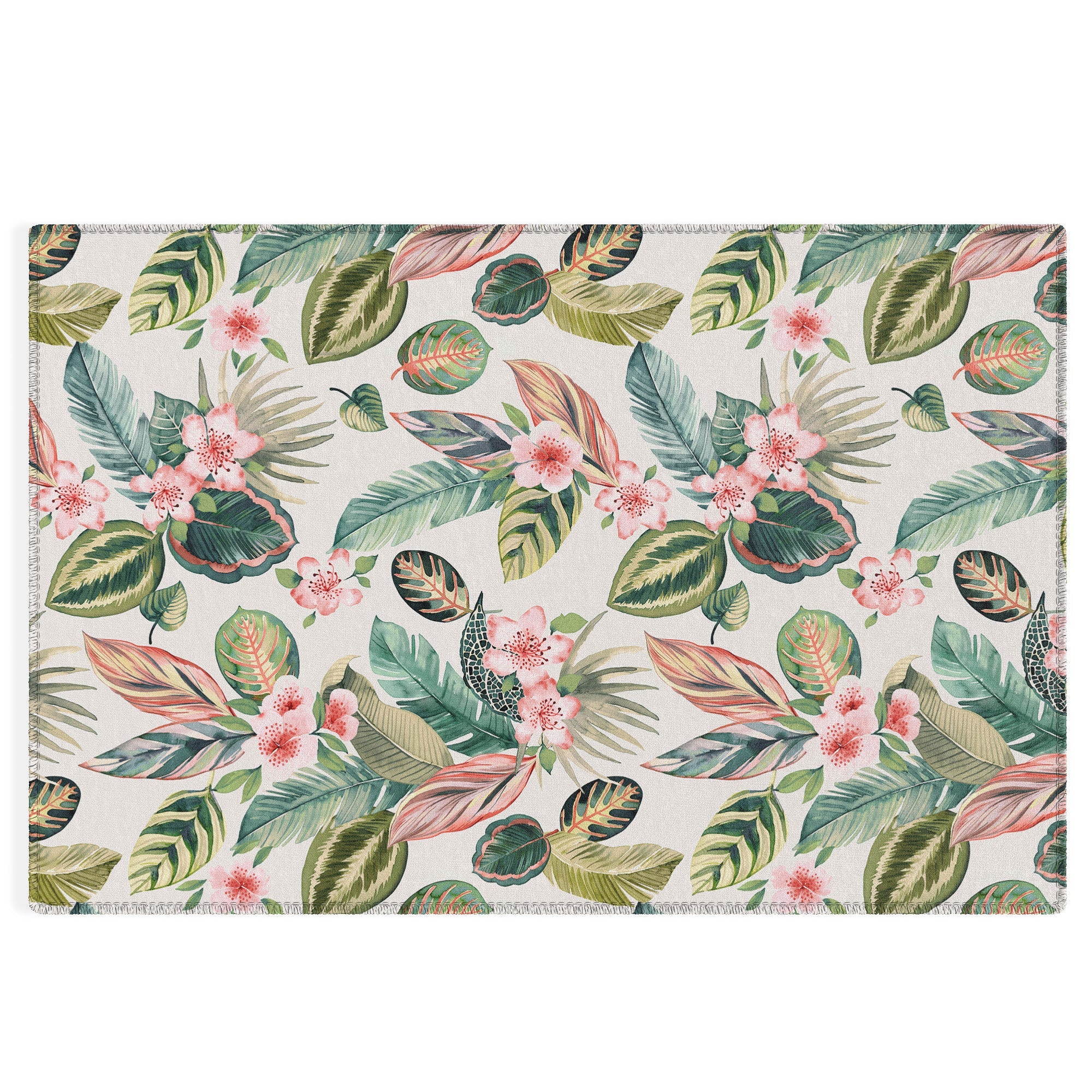 Ninola Design Botanic Retreat Tropical Leaves Flowers Pink Green Outdoor Rug