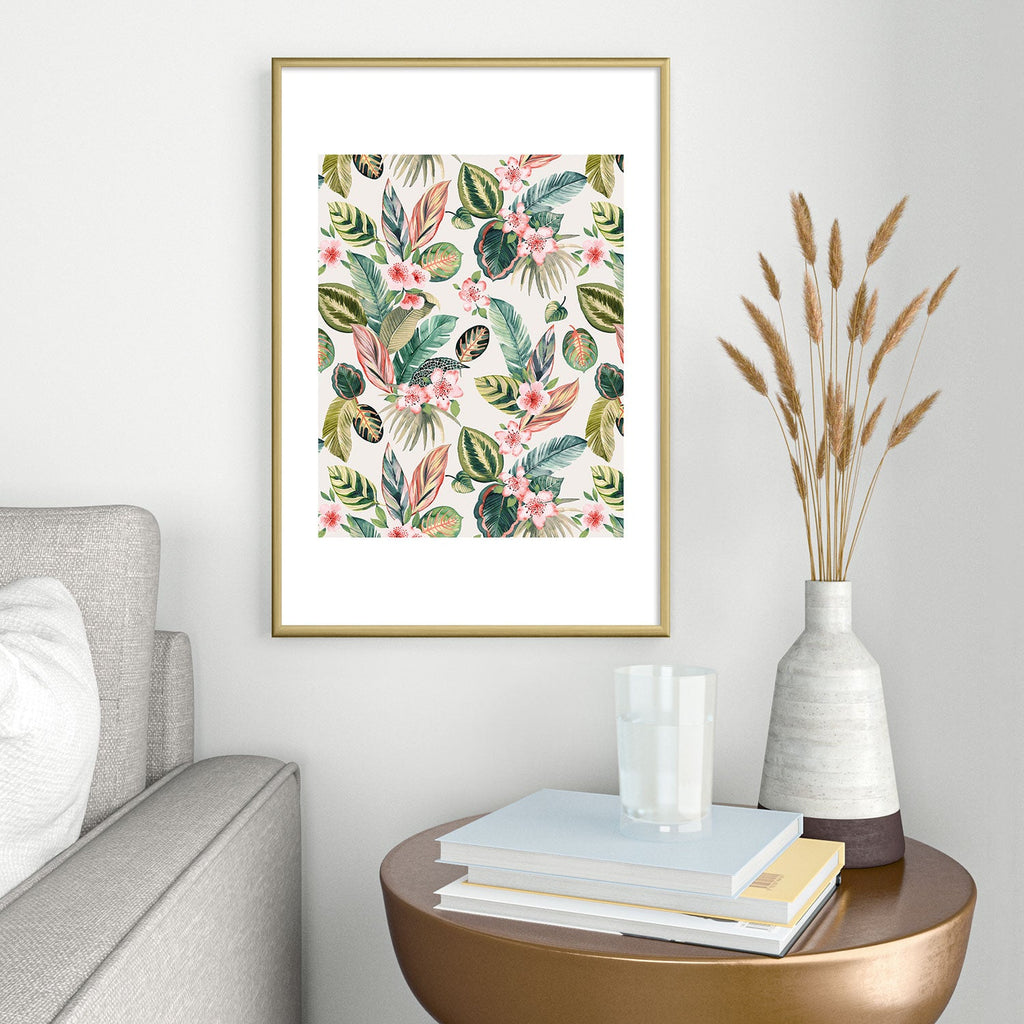 Ninola Design Botanic Retreat Tropical Leaves Flowers Pink Green Metal Framed Art Print