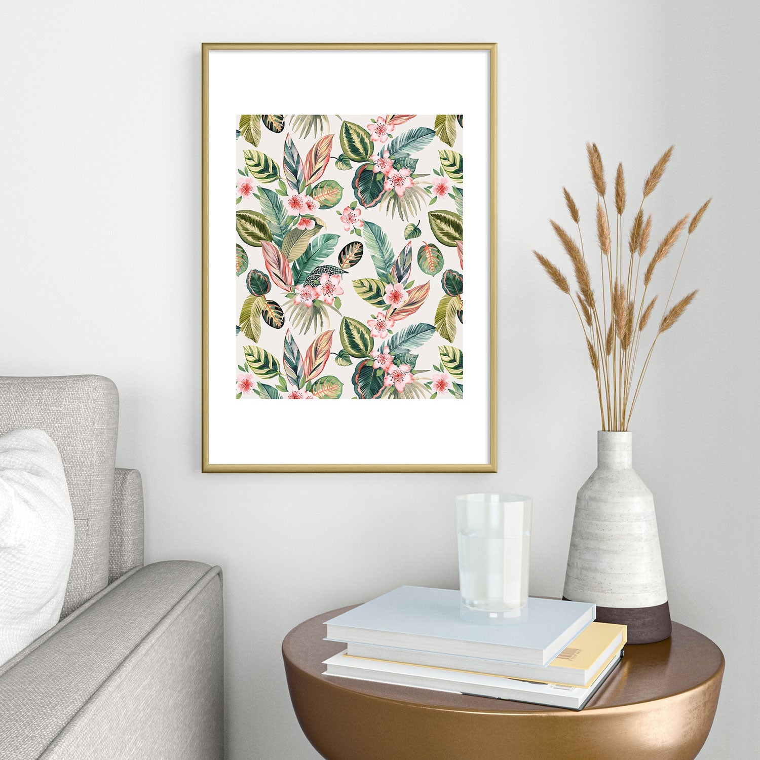 Ninola Design Botanic Retreat Tropical Leaves Flowers Pink Green Metal Framed Art Print
