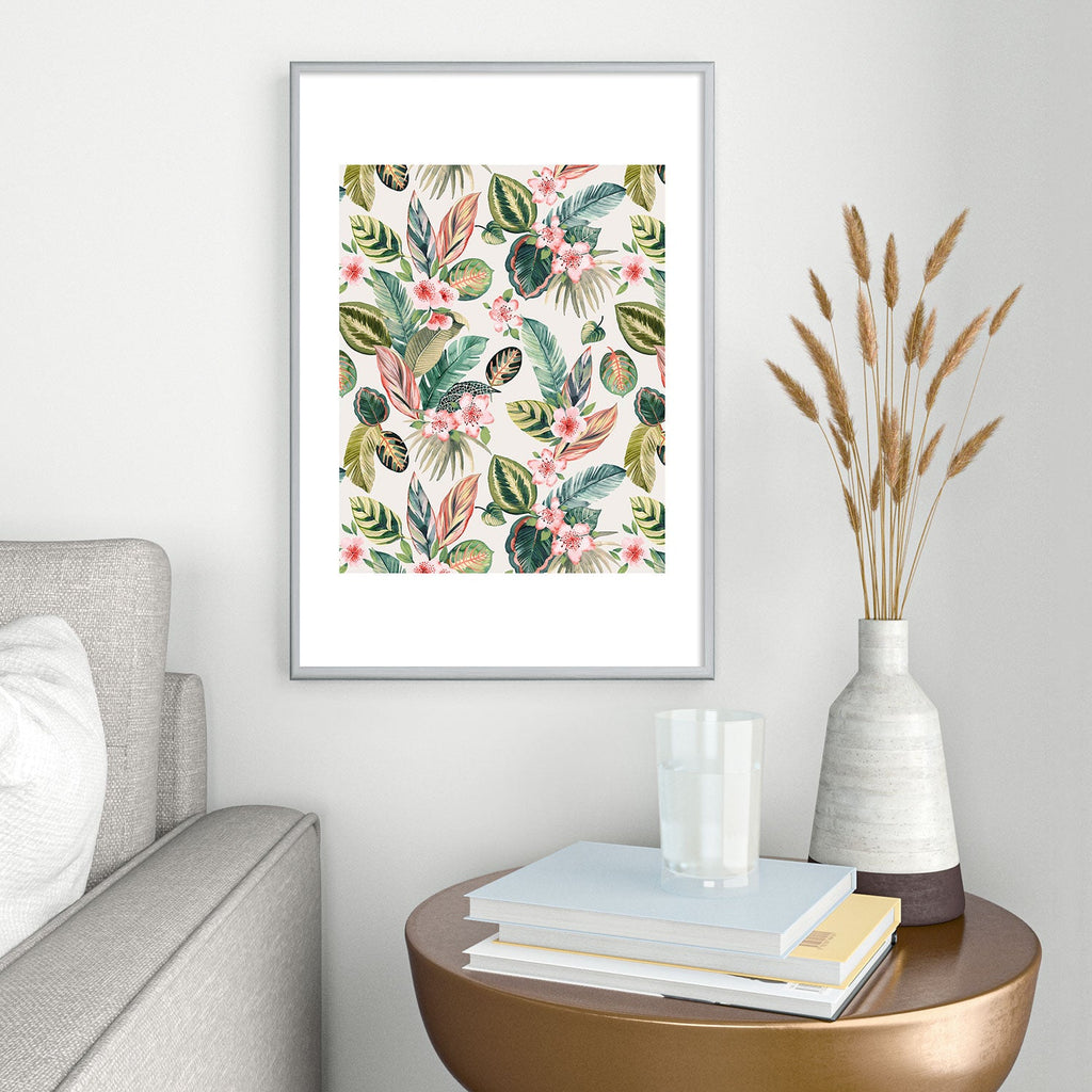 Ninola Design Botanic Retreat Tropical Leaves Flowers Pink Green Metal Framed Art Print